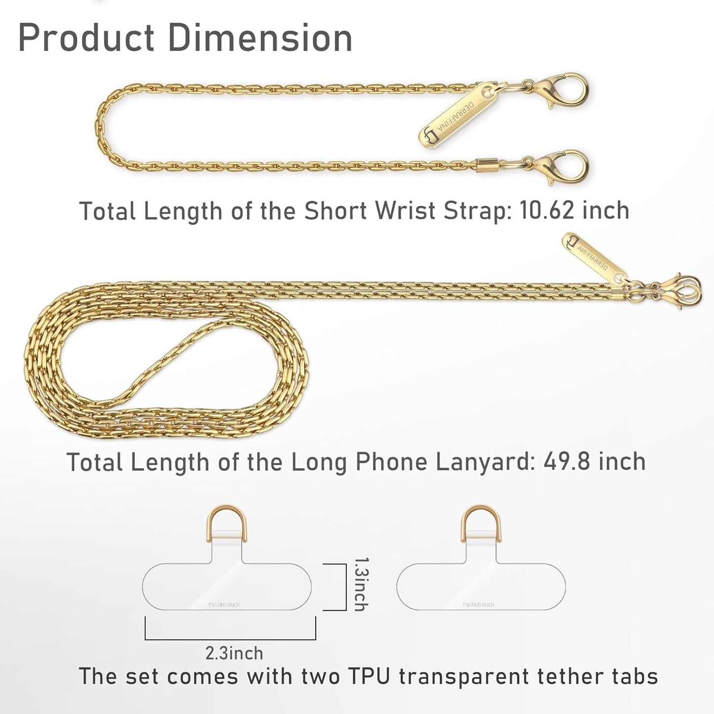 Metal Phone Chain, Crossbody Detachable Phone Lanyard with 1*Wrist Strap & 2* Tether Tabs for iPhone and Smartphones (PaleGold,Extend)