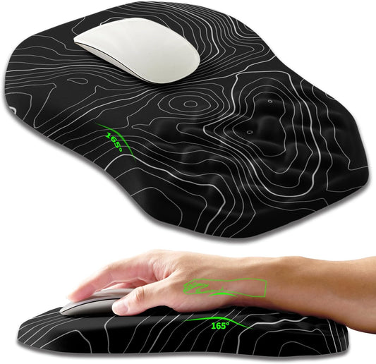 Ergonomic Slope Mouse Pad Wrist Support, Wrist Rest Mousepad for Carpal Tunnel Pain Relief with Massage Bulge and Slow Rebound Memory Foam (12x8 inch, Black Contour Lines)
