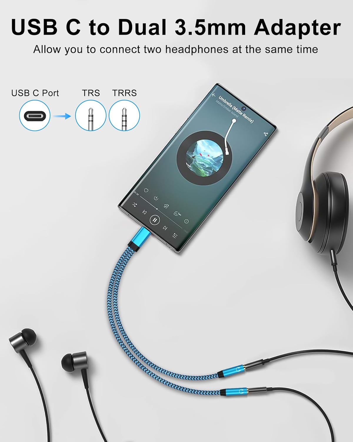 Headphone Splitter for 2 Headphones, USB C to Dual 3.5mm Female Aux Splitters for iPhone 17 17 Pro Max 16e, Google Pixel 10, Samsung Galaxy S25 Ultra, Audio Jack Adapter Earphone Connector - Blue