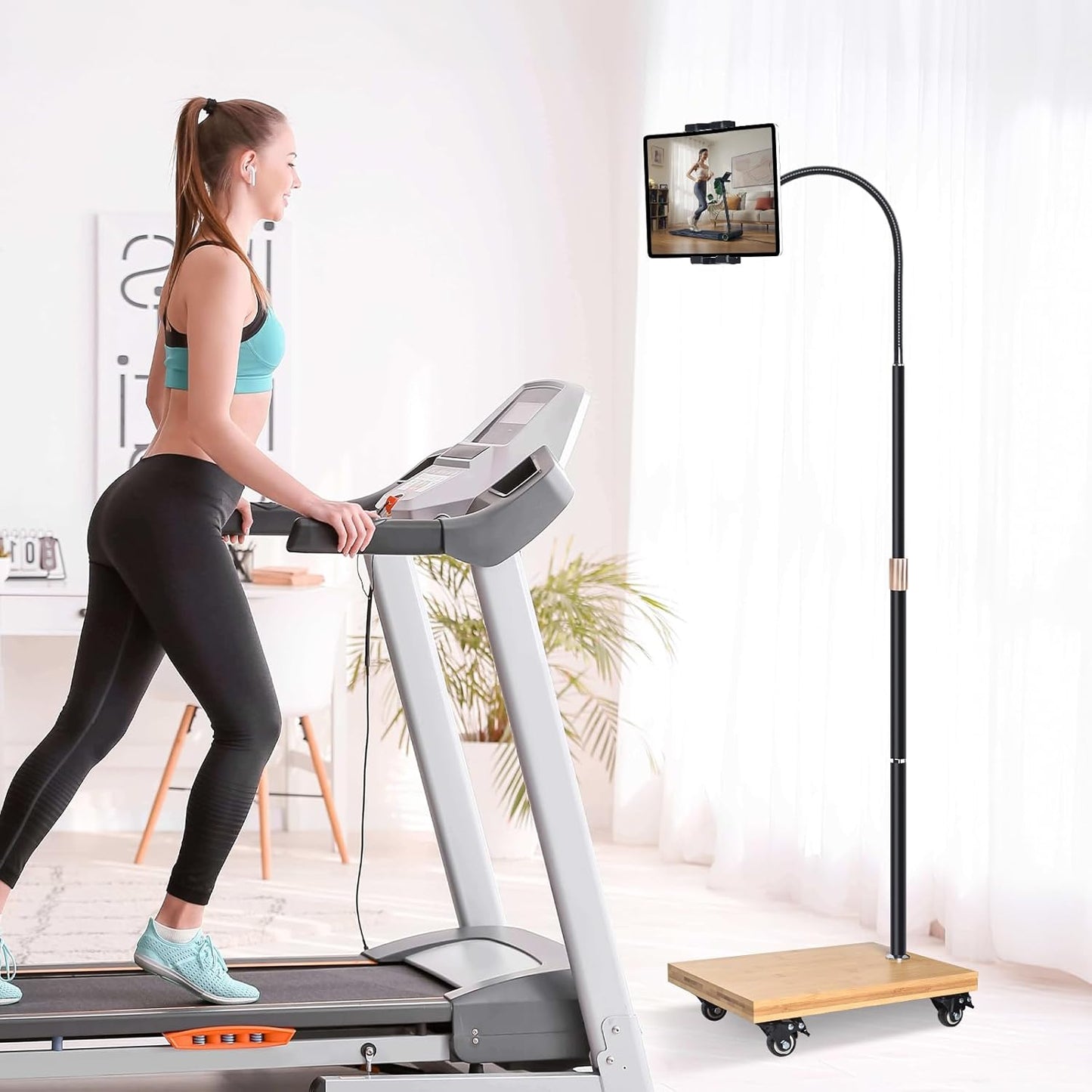 wishacc Tablet Floor Stand with Adjustable Gooseneck Mount, Swivels and Wheels for Bedside, Compatible with iPad, Galaxy Tab, Kindle and Phones