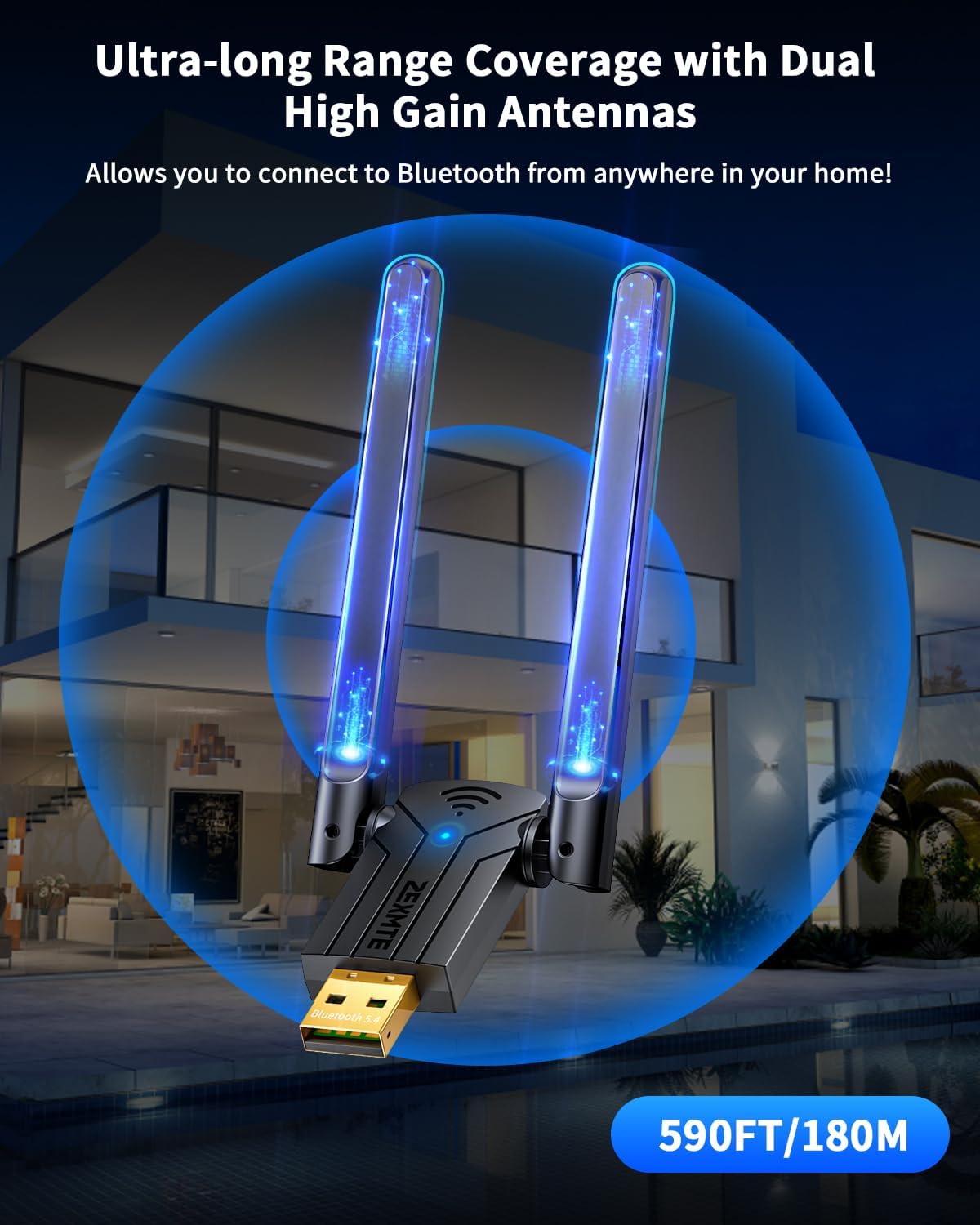 ZEXMTE 5.4 USB Bluetooth Adapter for PC, Plug & Play Bluetooth Transmitter & Reciver, EDR & BLE, High Gain Antenna, 590FT / 180M Long Range for PC Windows 11/10/8