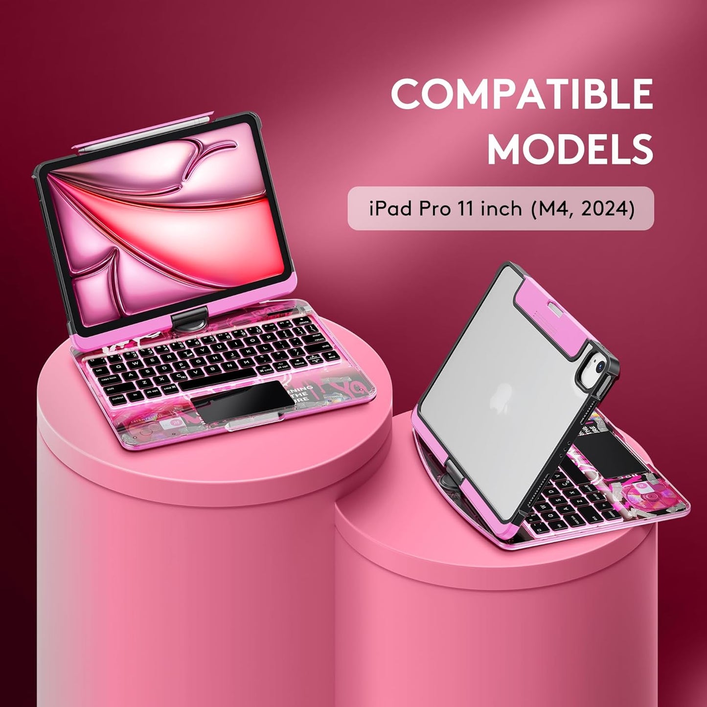 GUSGU Transparent Case with Wireless Keyboard only for 2024 iPad Pro 11-in.(M4), 7 Colors Backlight, Trackpad, 360°Rotating Stand for iPad Pro 11(5th Gen), Tech Style