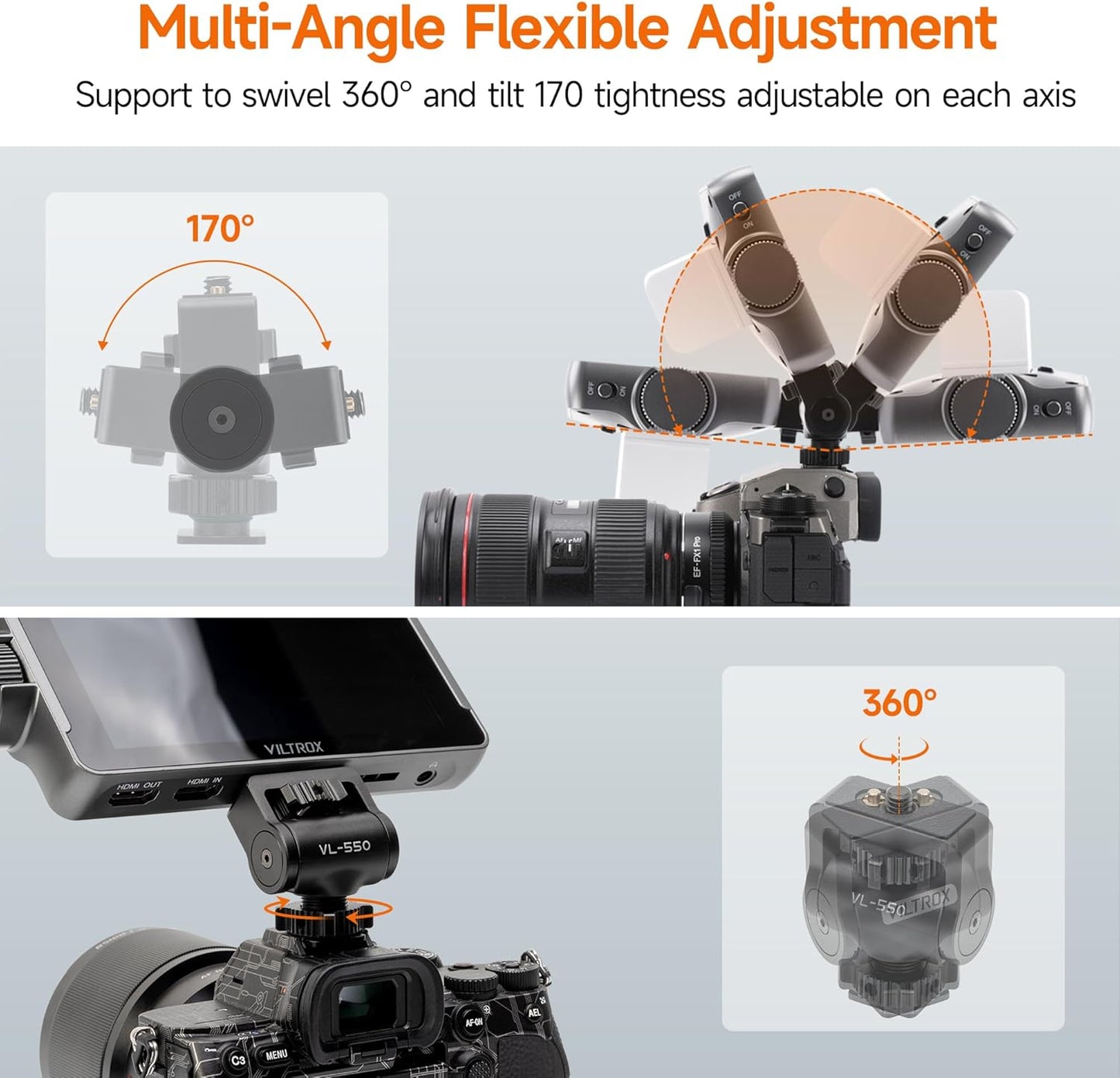 Adjustable Gimbal Monitor Cold Shoe Adapter, Metal Field Monitor Mount Holder, 360 Degree Swivel and Tilt Adjustable Monitor Mount Bracket with Cold Shoe Mount, Locating Pin Design Cold Hot Adapter