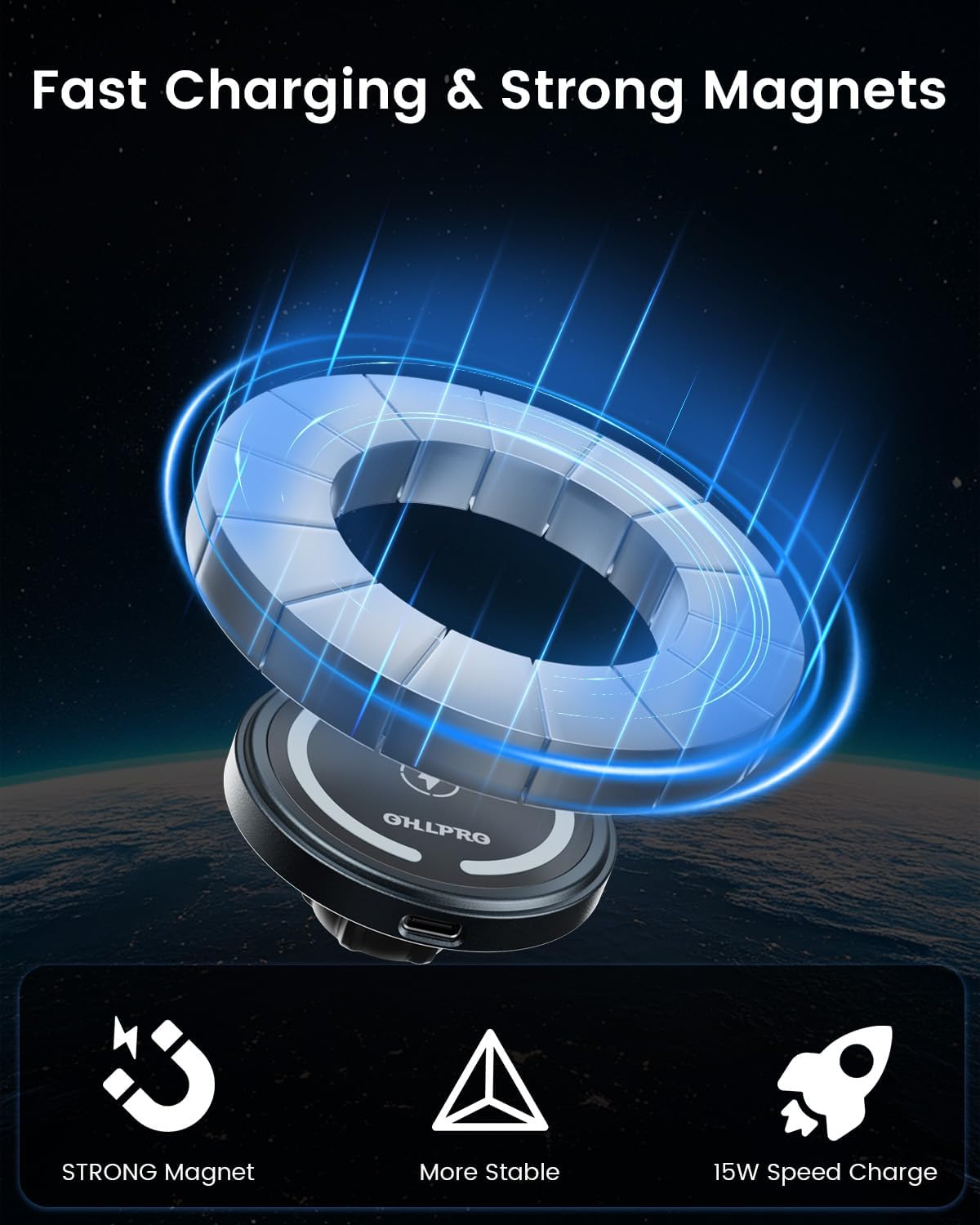 OHLPRO for MagSafe Car Charger Mount for iPhone 16 15 14 13 Pro Max, 15W Fast Charging Phone Holder, Magnetic Car Accessories, 360° Rotation, Adhesive Base for Tesla, Gift for Men Women