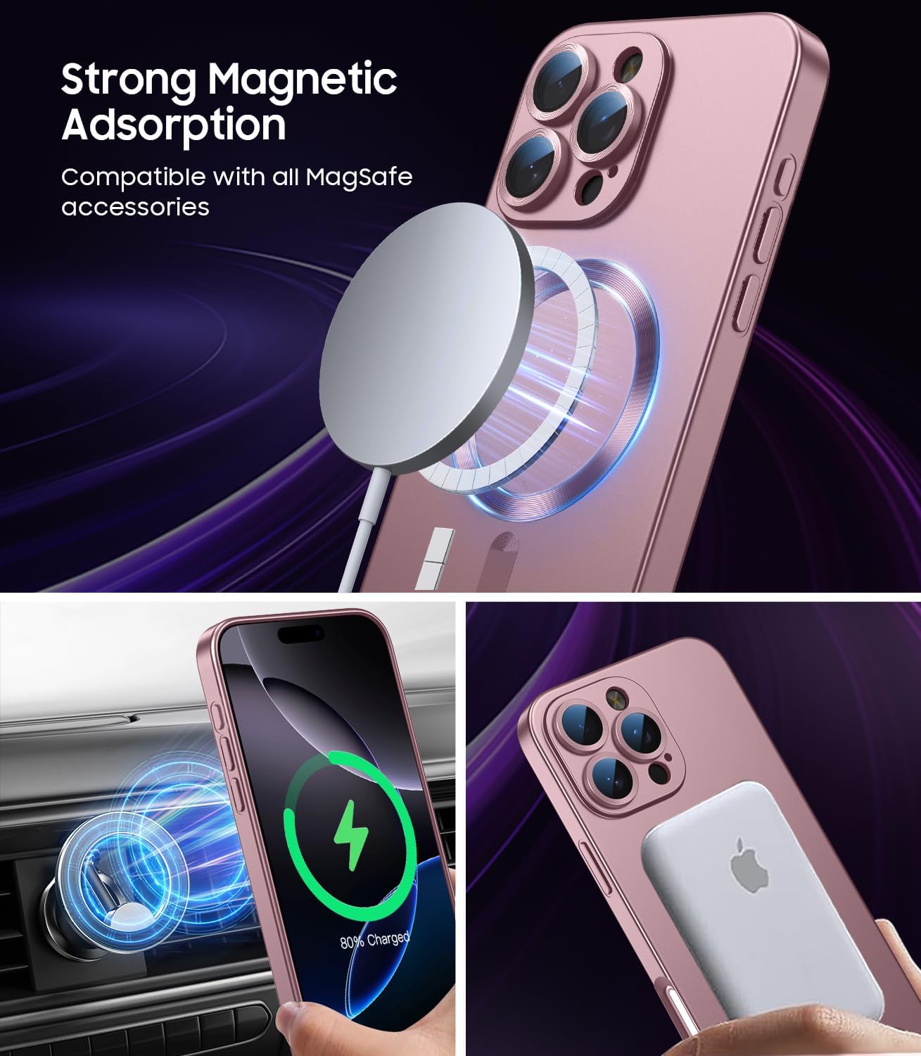 Magnetic for iPhone 16 Pro Case [Compatible with MagSafe][Built-in Camera Lens Protector] Slim Soft Silicone Bumper Shockproof Metallic Luster Phone Case (Rose Gold)