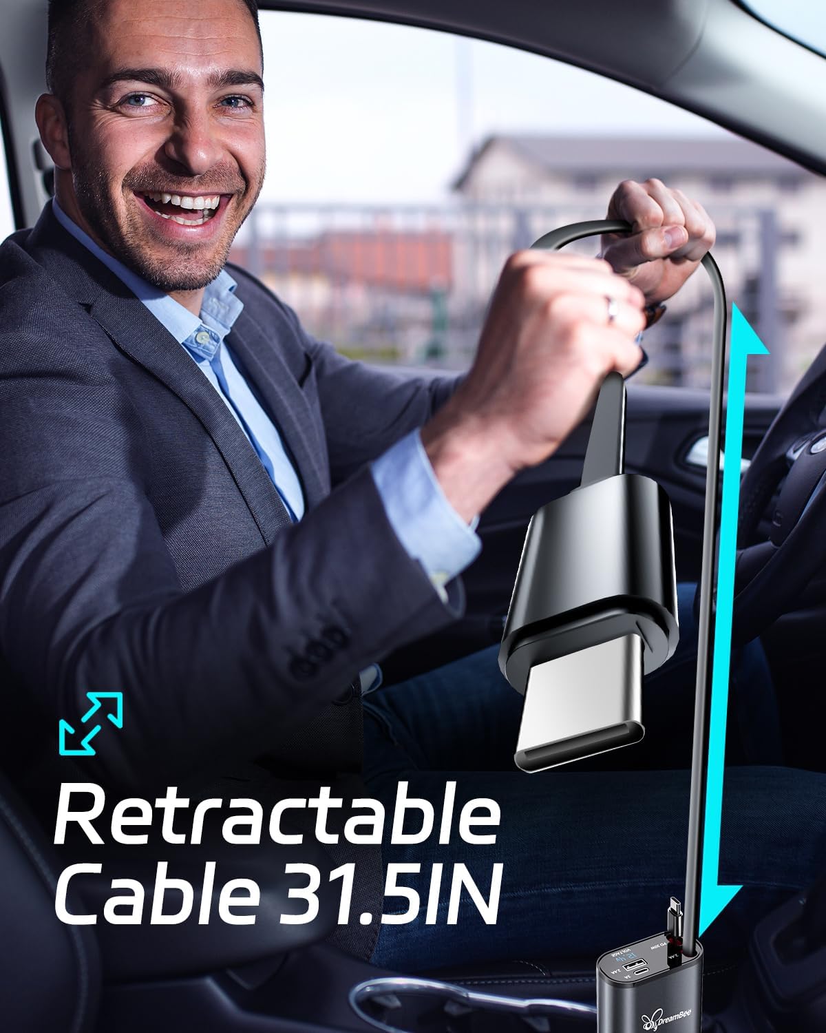 DreamBee Retractable Car Charger,66W Super Fast USB Car Phone Charger,Dual TypeC Retractable Cables Gifts for Men Women Car Truck Accessories for Samsung Galaxy S23+/S23/ S22 iPhone 15/14,iPad