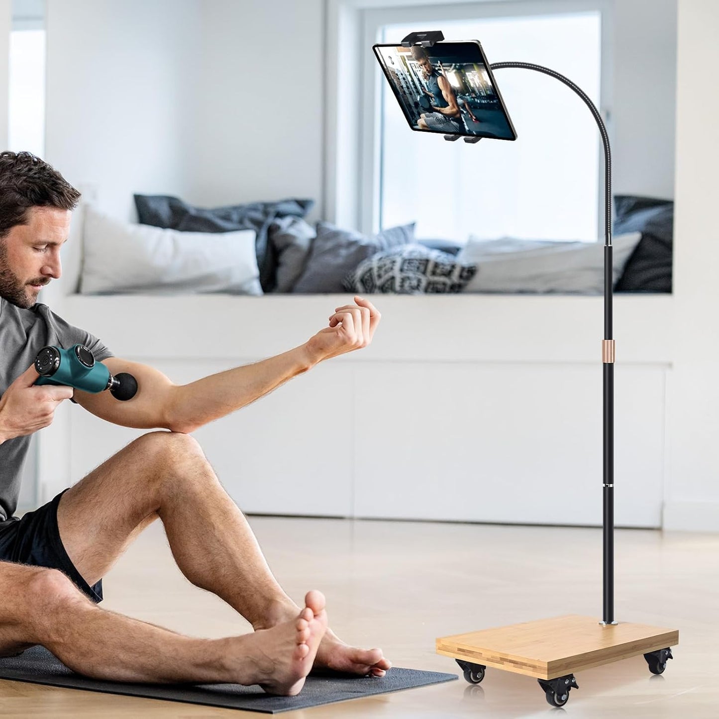 wishacc Tablet Floor Stand with Adjustable Gooseneck Mount, Swivels and Wheels for Bedside, Compatible with iPad, Galaxy Tab, Kindle and Phones