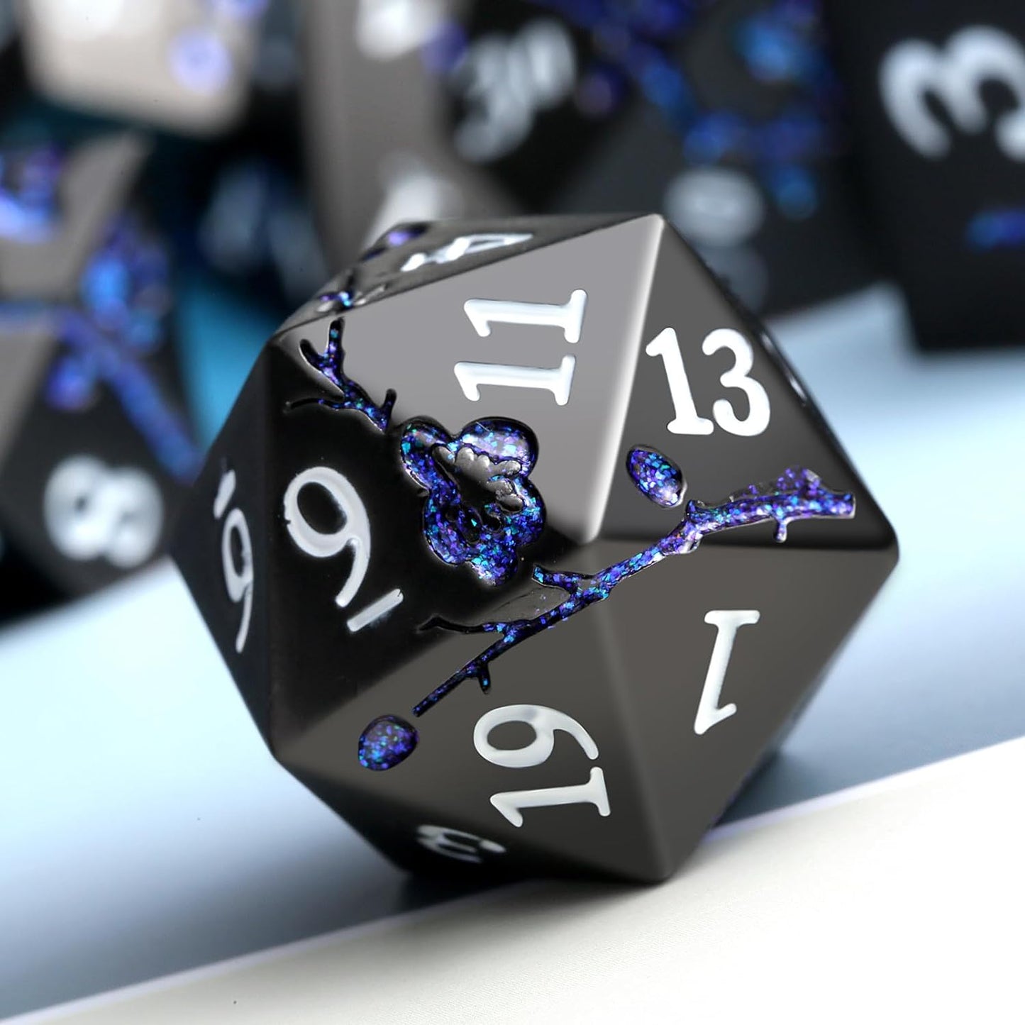 Glitter Blue D&D Metal Dice, DNDND 7 PCS Flower Metallic DND Dice Set with Gorgeous Gift Case for Dungeons and Dragon Tabletop Game (Matte Black with Glitter Blue Flower)