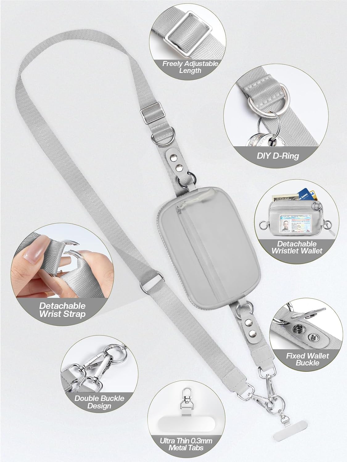 Clip and Go Strap for Phone with Wallet Crossbody Phone Lanyard Adjustable and Detachable RFID Wristlet Wallet with ID Window and Zipper, Grey