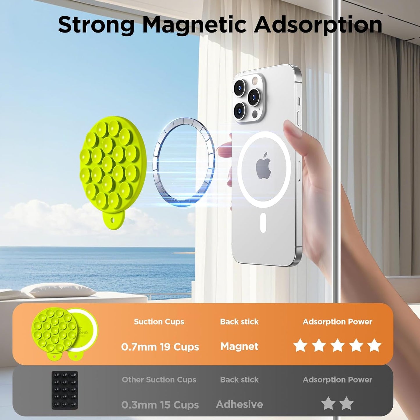 Magnetic Suction Cup Phone Mount for MagSafe Case, Silicone Hands-Free Grip Holder for iPhone and Android, Mirror Shower Phone Stand for Makeup FaceTime Gym Kitchen Bathroom, Neon Yellow