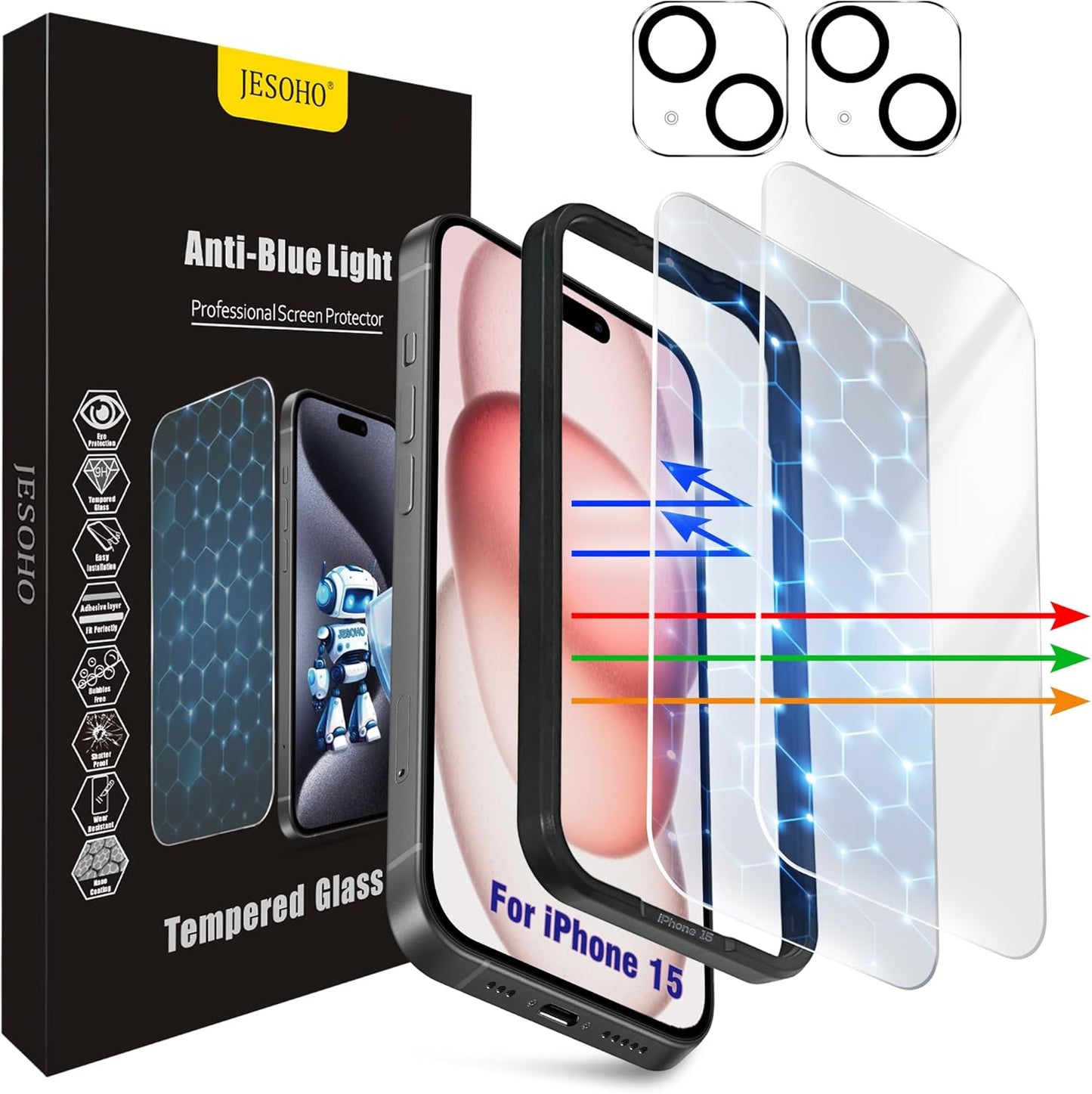 Screen Protector for iPhone 15 [6.1 Inch],2 pcs Colorless Anti-Blue Light Tempered Glass Films,HD Clear, 9H Hardness, No Bubbles, Case Friendly with 2 pcs Camera Lens Protector