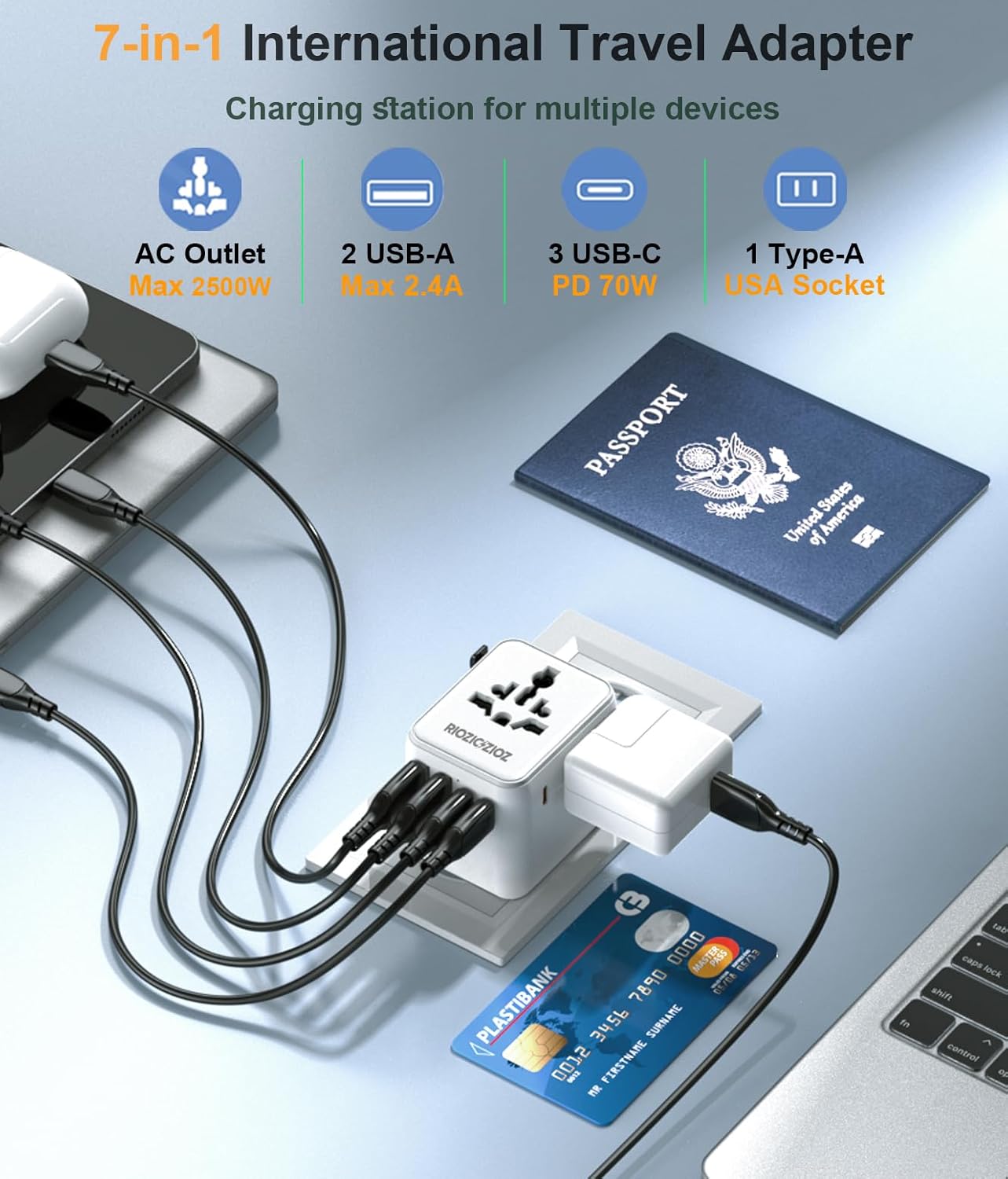 Universal Travel Adapter, RIOZIOZIOZ GaN III Worldwide Portable Adaptor with 70W PD Fast Charging, 7 Ports(2AC Socket&3USB-C&2USB-A), European Travel Essentials for EU/US/UK/AU/JP Power Plug