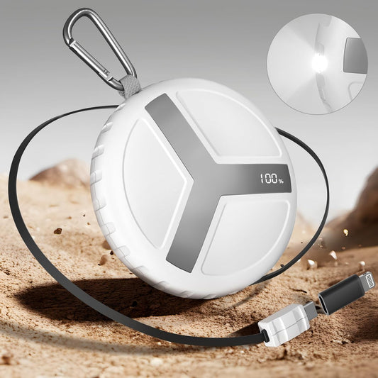 Vivilumens Rugged Power Bank Outdoor Charger 10000mAh USB-C Fast Charging Cable Retractable 25.5 inch Carabiner Wearable Smart Display & Flashlight Battery Pack for Hiking, Camping, Backpacking(White)