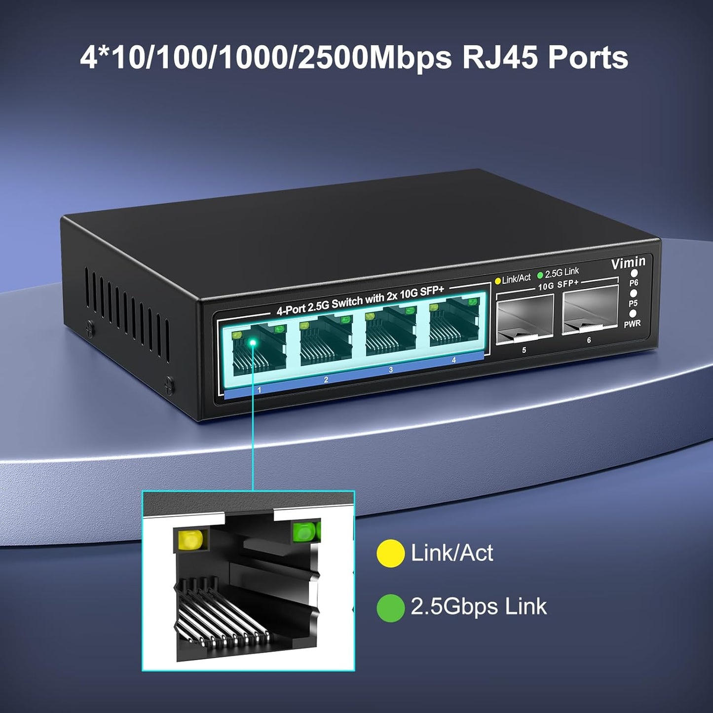 6 Port 2.5G Unmanaged Network Switch, VIMIN 4X 2.5Gbase-T Ports, 2X 10G SFP+ Port, 60Gbps Switching Capacity, IEEE802.3, Metal Housing, Fanless, Work for 2.5Gbps NAS, Wireless AP & PC