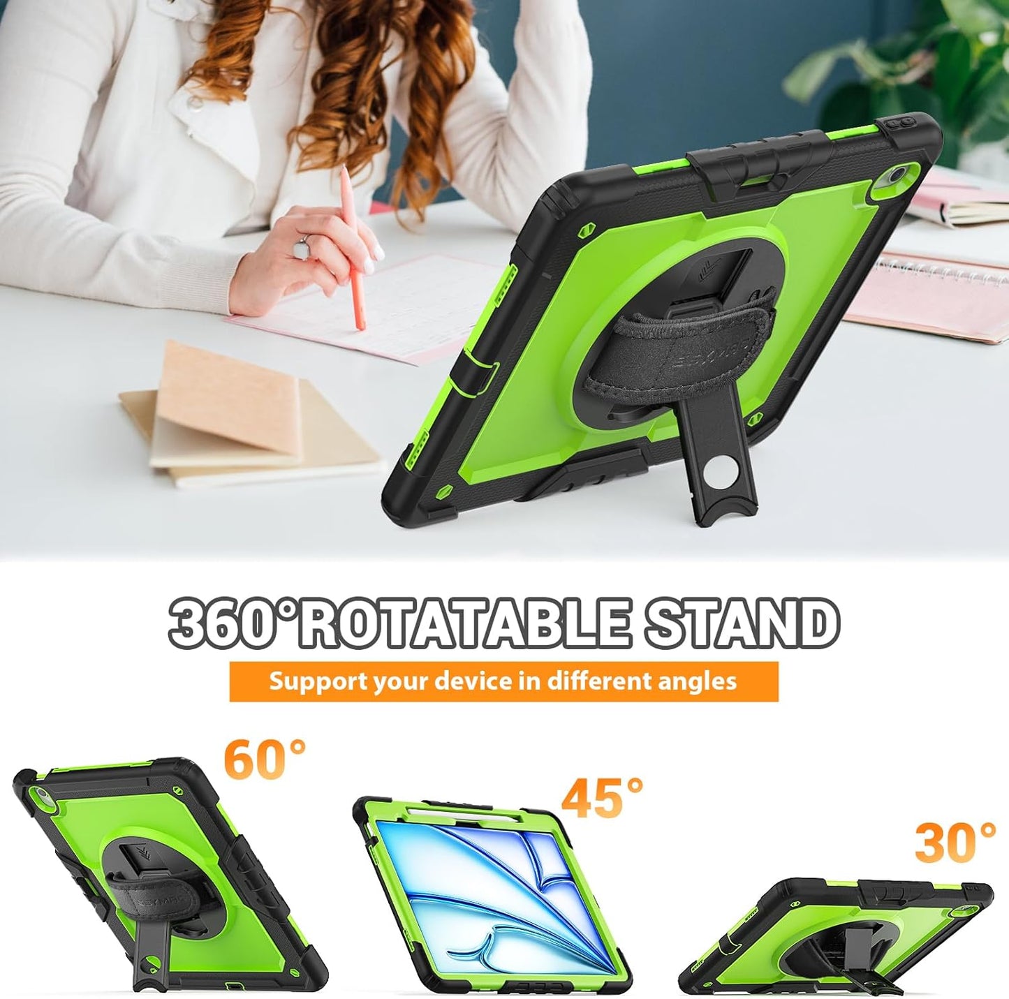 SEYMAC for iPad Air 13 Inch Case M3 2025/ M2 2024, Heavy Duty Shockproof Protective Case with Screen Protector, 360° Rotating Stand, Hand/Shoulder Strap and Pen Holder for iPad Air 13, Green