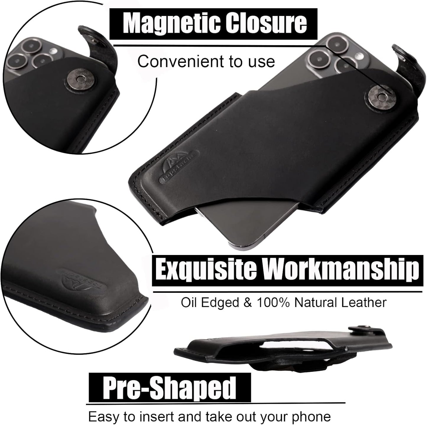 Topstache Leather Belt Phone Holster with Magnetic Closure, Case for iPhone & Samsung, Black, Large