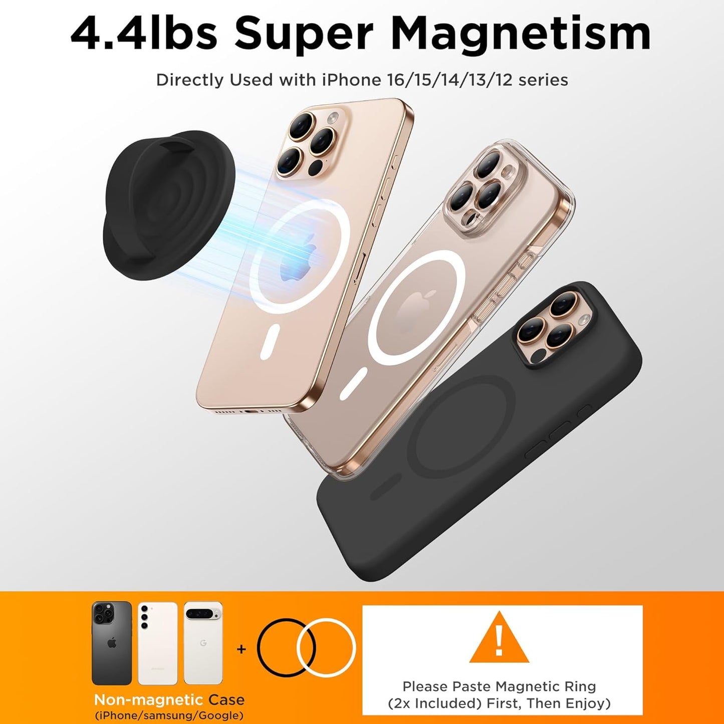 Magnetic Phone Ring Grip Holder, Silicone Finger Loop Grip, Compatible with MasSafe, Back of Phone for iPhone Pro Max/Plus/16/15/15/14/13/12 Series, Black