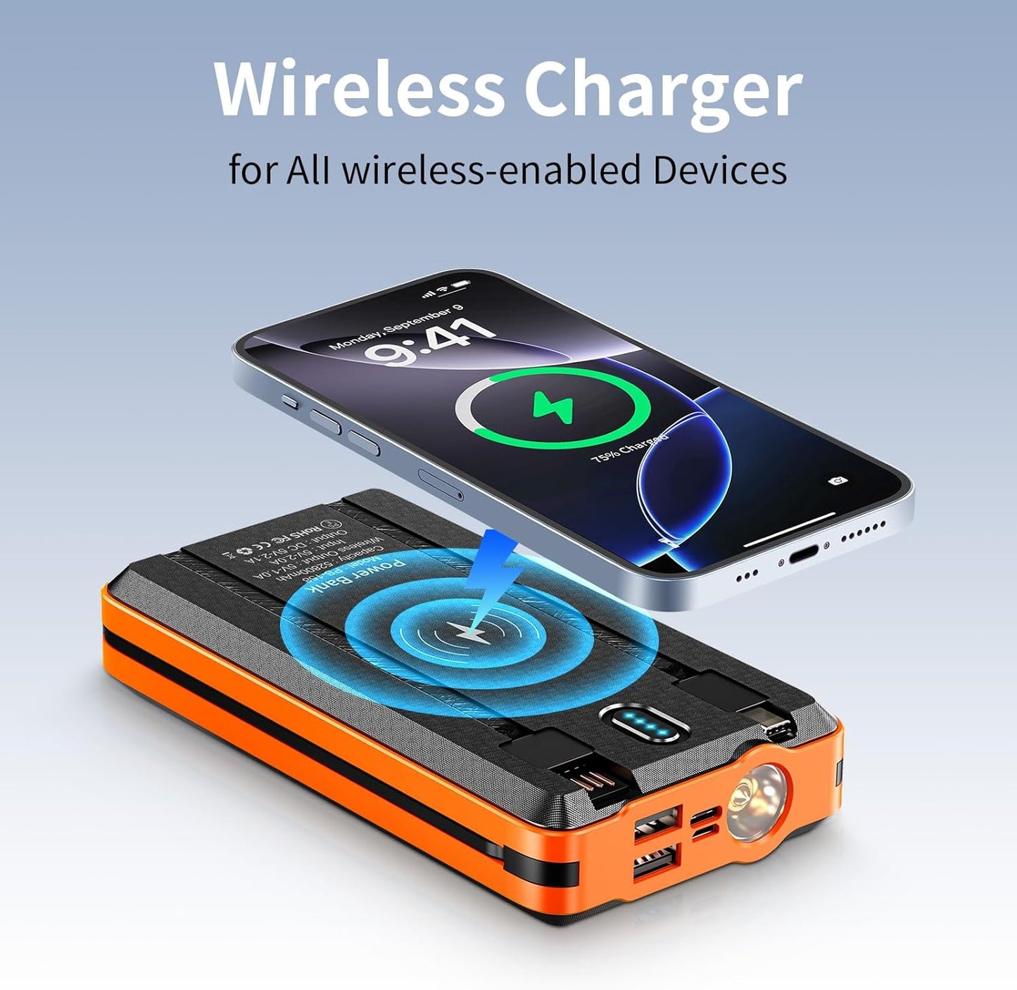 Solar Power Bank Portable Charger 52800mAh 5V/3A Fast Charging Battery Pack with Built in 4 Cables 2 Outputs & LED Flashlight for All Mobile Devices Camping Traver Outdoor