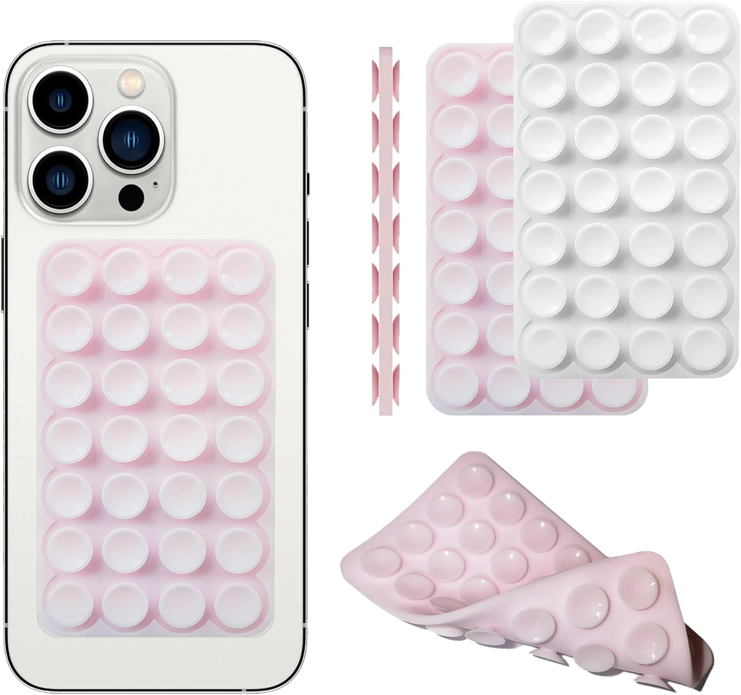 Silicone Double-Sided Suction Phone Grip Detachable Mount - Car Dashboard/Shower Phone Holder, Hands-Free For Selfies & Videos, TikTok/ASMR - iphone & Android Compatible (3.74"x2.2", White+Baby Pink)