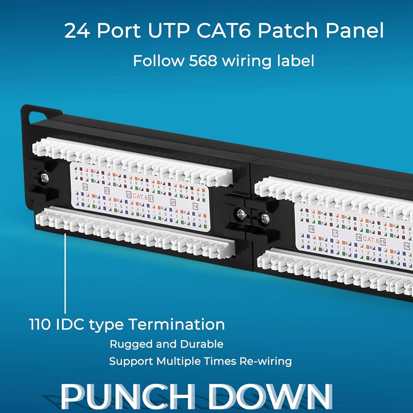 Rapink Patch Panel 24 Port Cat6 10G Support, Network Panel UTP 19-Inch, Wallmount or Rackmount 1U Ethernet Patch Panel Punch Down Block for Cat6, Cat5e, Cat5 Cabling