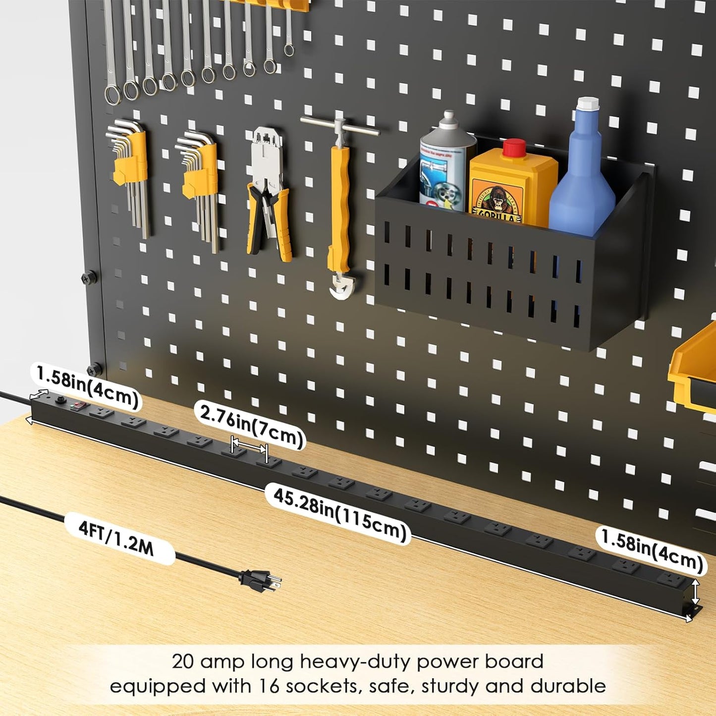 JUNNUJ Long Metal 16 Outlet Power Strip, Heavy Duty Power Strips Surge Protection 4800J with Circuit Breaker, 20a Wide Spaced Socket Wall Mount 5-15P Adapter High Amp 6-20R T-Slot 4FT Extension Cord