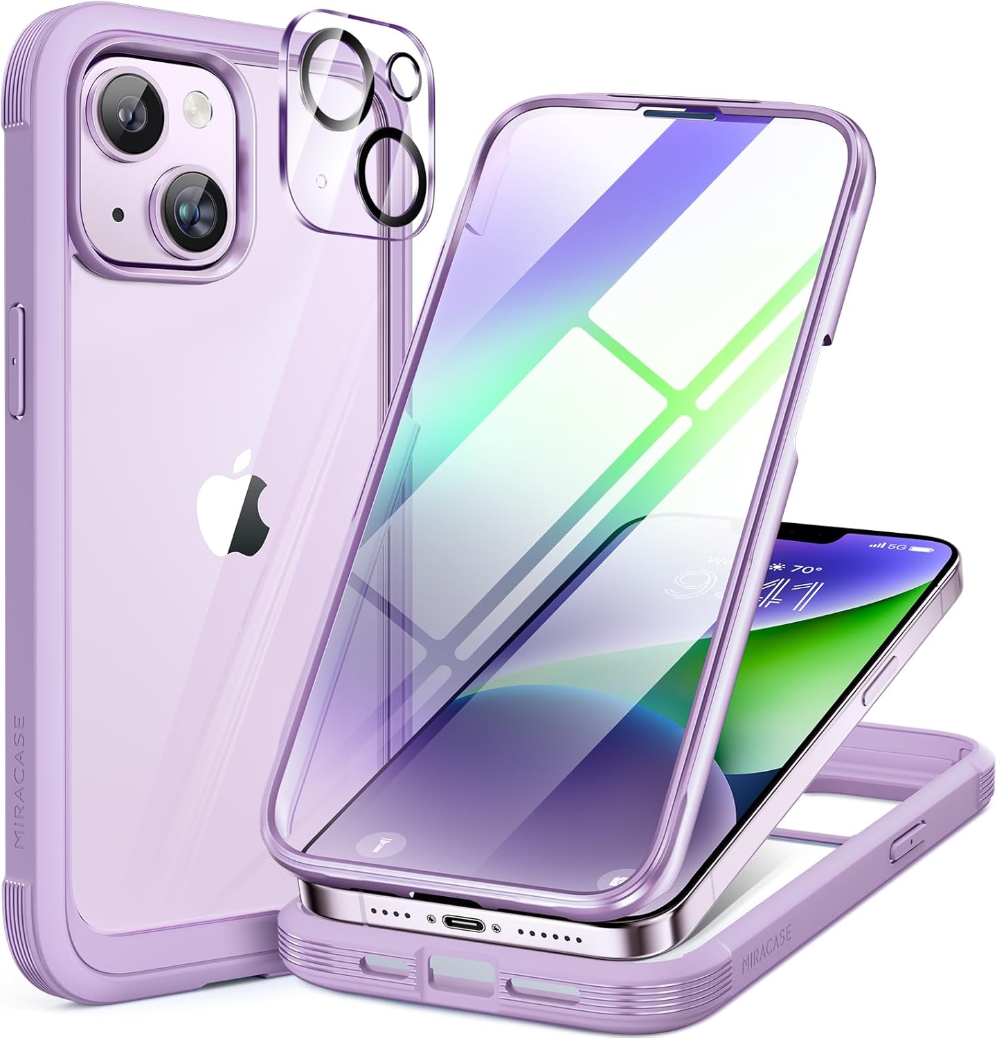Miracase Glass Series Designed for iPhone 14 Plus Case 6.7 inch, 2023 Upgrade Full-Body Clear Bumper Phone Case with Built-in 9H Tempered Glass Screen Protector and Camera Lens Protector,Purple