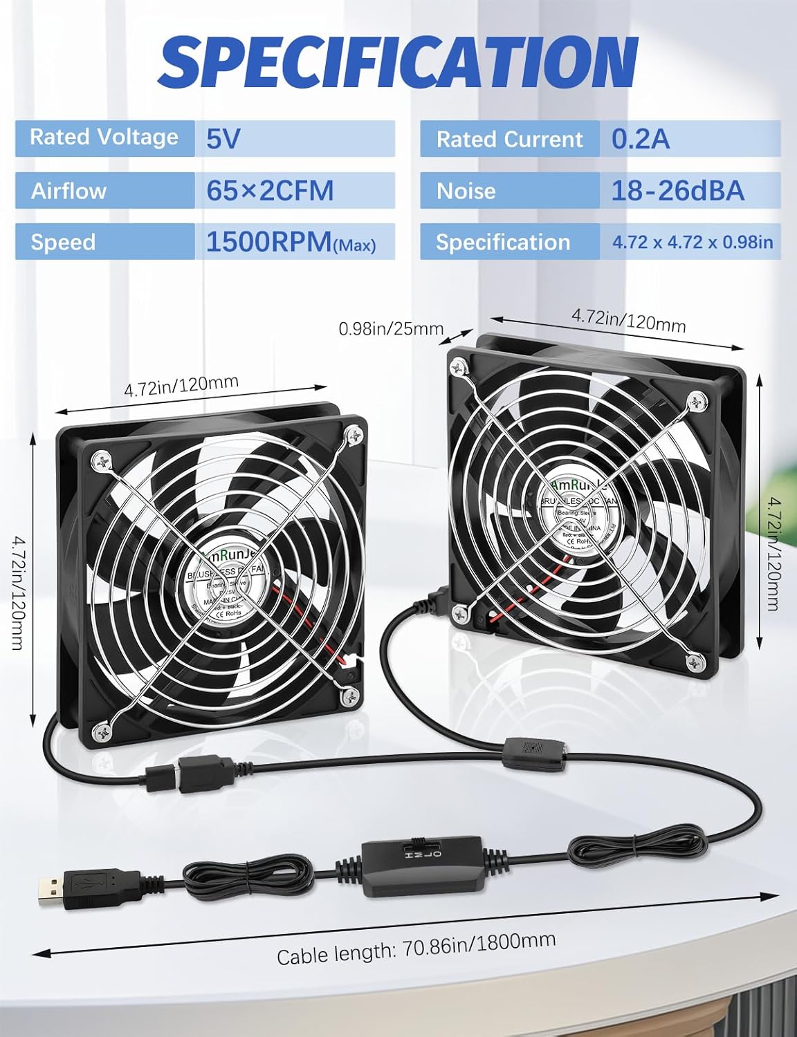 2 Packs AmRunJe 120mm x 25mm USB Cooling Fan 5V Brushless Dual Fan with Speed Controller for Computer Receiver DVR Xbox AV Cabinet Projector Router