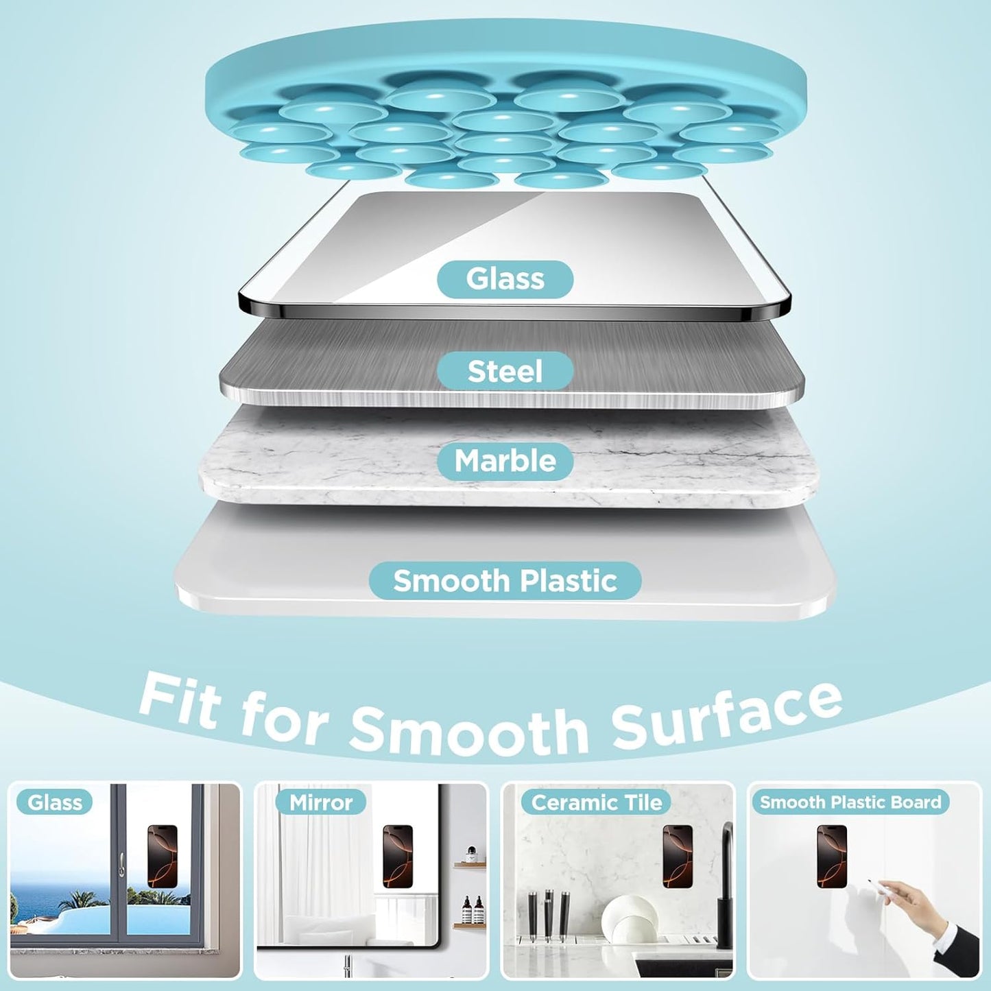 Magnetic Suction Cup Phone Mount for MagSafe Case, Silicone Hands-Free Grip Holder for iPhone and Android, Mirror Shower Phone Stand for Makeup FaceTime Gym Kitchen Bathroom, Sea Blue