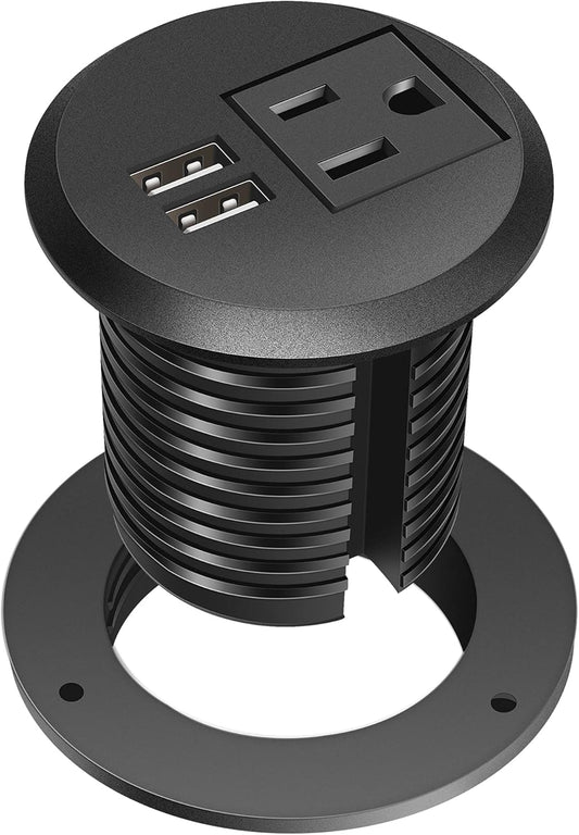 Jgstkcity Desktop Power Grommet, 2 inch, Black, 1 AC Outlet and 2 USB Ports, 6.56ft Cable, Fire Resistant Outer Shell