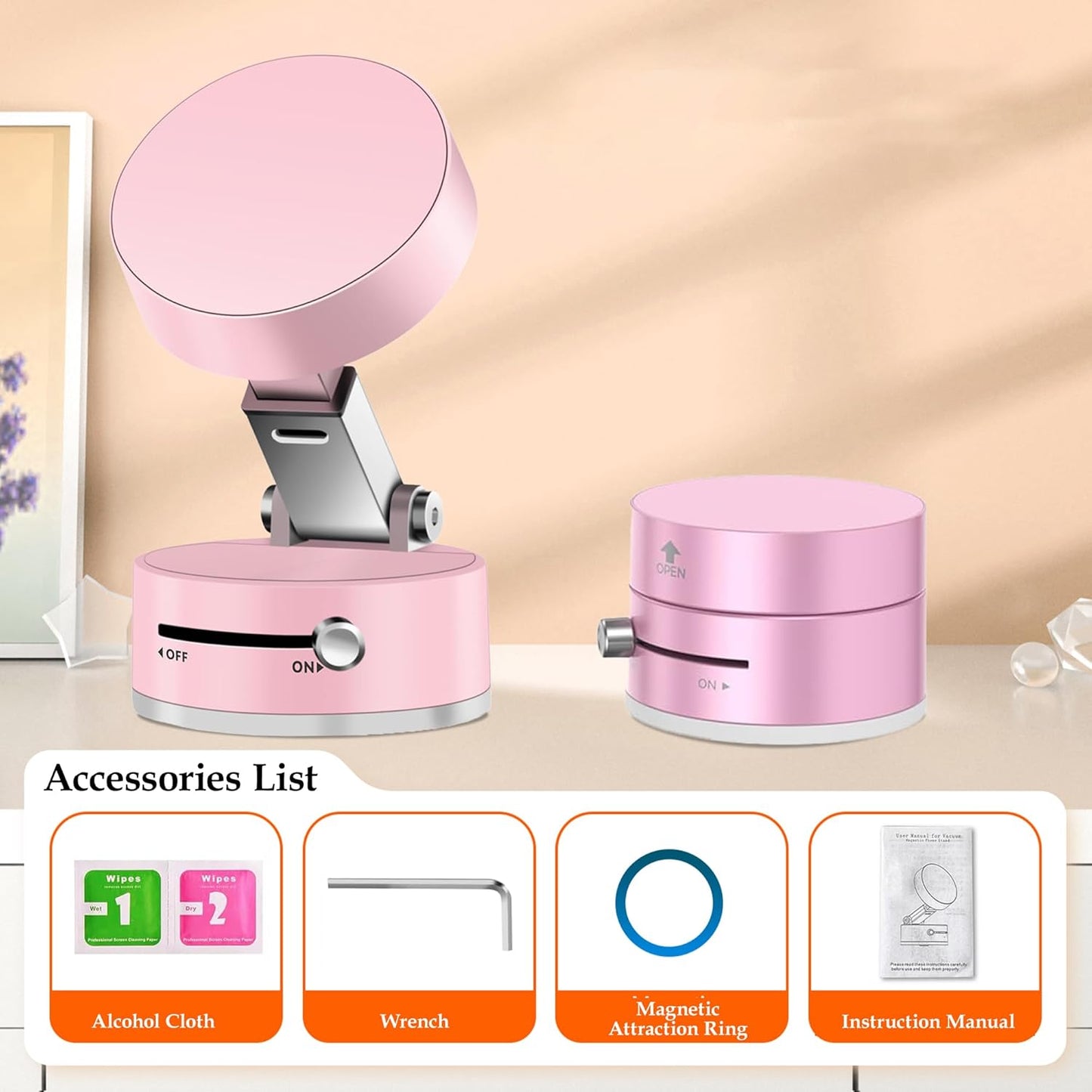 Foldable Vacuum Magnetic Suction Phone Holder,Retractable Magnetic Car Holder,Hands-Free Portable Multifunctional Vacuum Suction Phone Mount for Car, Mirror, Gym, Kitchen (Pink)