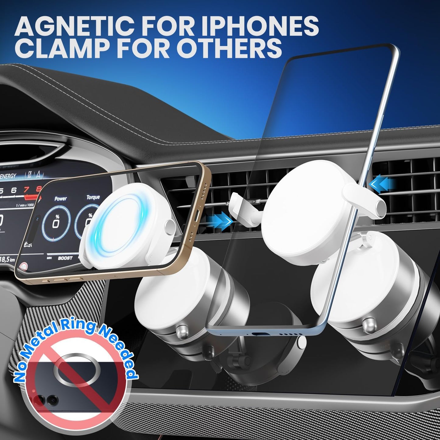 Upgraded 360° Adjustable Vacuum Magnetic Phone Holder, Vacuum Magnetic Suction Phone Mount with Clamp Foldable Phone Holder for Car/Gym/Mirror/Smooth Surface, Suitable with All Smartphones (White)