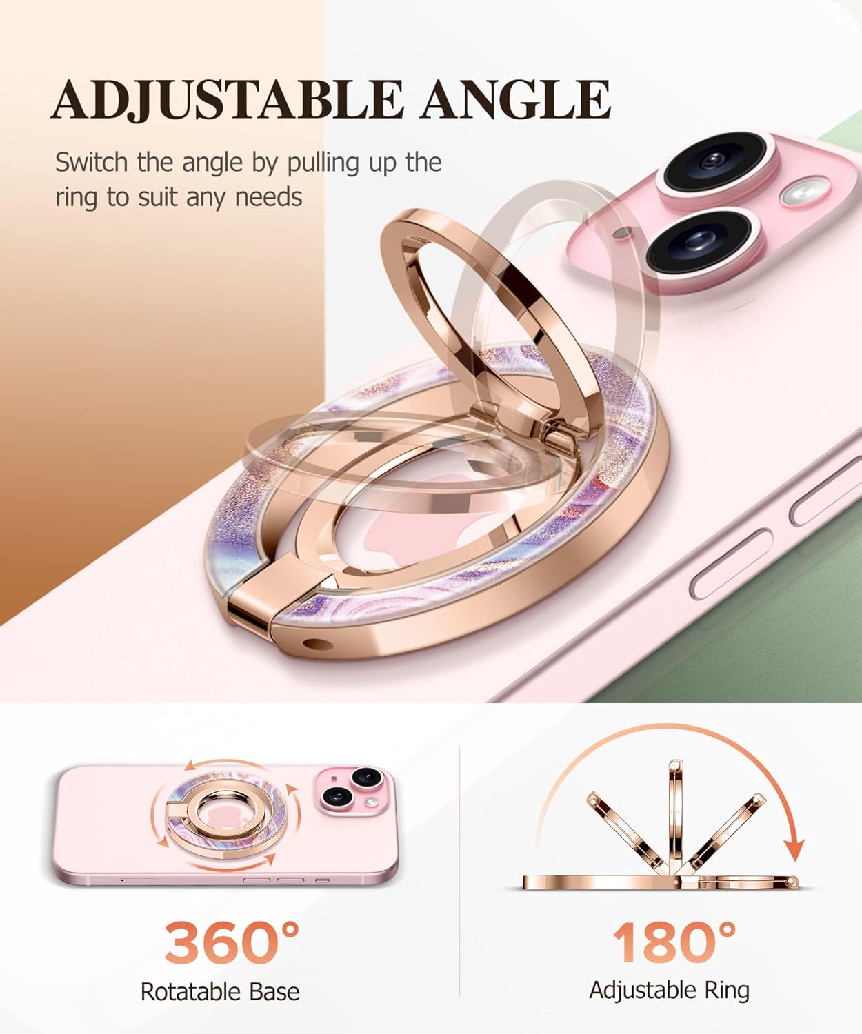 GVIEWIN Magnetic Phone Ring Holder, Compatible with MagSafe Phone Grip with Adjustable Stand, Magnet Phone Ring Kickstand for iPhone 16 Pro Max/Plus/15/14/13/12 Series/Other Phones (Flowing Sakura)