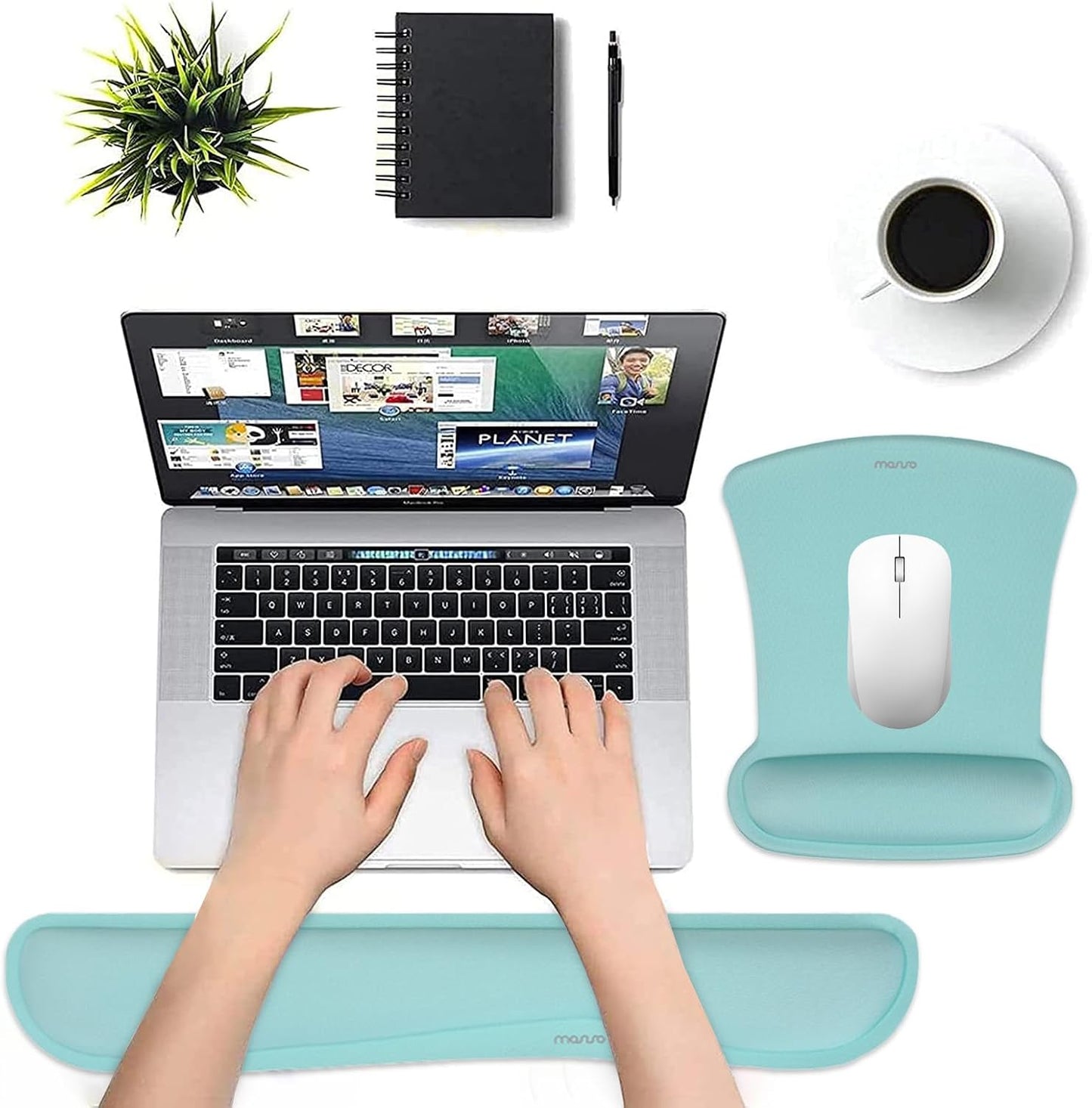 MOSISO Wrist Rest Support for Mouse Pad & Keyboard Set, Ergonomic Mousepad Non-Slip Base Home/Office Pain Relief & Easy Typing Cushion with Neoprene Cloth & Raised Memory Foam, Aquamarine