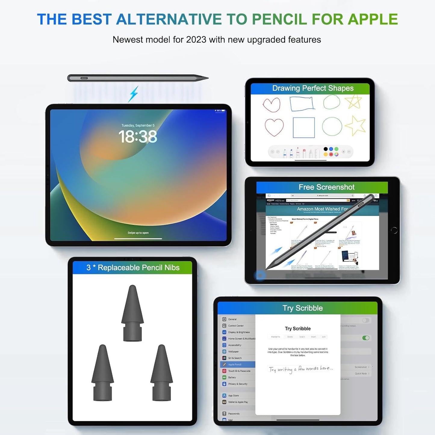 Pencil 2nd Generation Wireless Charging, Pencil for iPad with Tilt & Palm Rejection, Magnetic Stylus Pen Compatible with ipad Air 3/4/5, ipad Mini 5/6, ipad 6/7/8/9/10, ipad Pro 11/12.9 (Black)