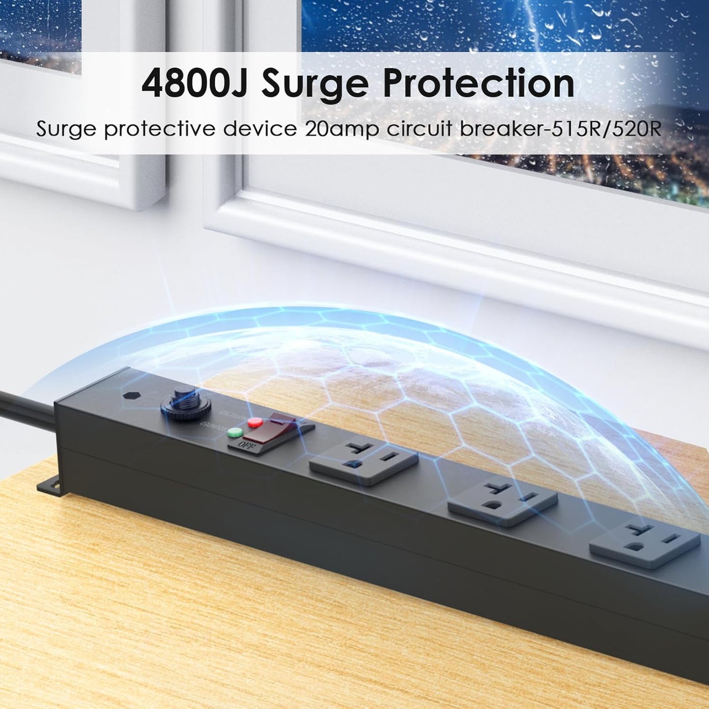 JUNNUJ Long Metal 16 Outlet Power Strip, Heavy Duty Power Strips Surge Protection 4800J with Circuit Breaker, 20a Wide Spaced Socket Wall Mount 5-15P Adapter High Amp 6-20R T-Slot 10FT Extension Cord