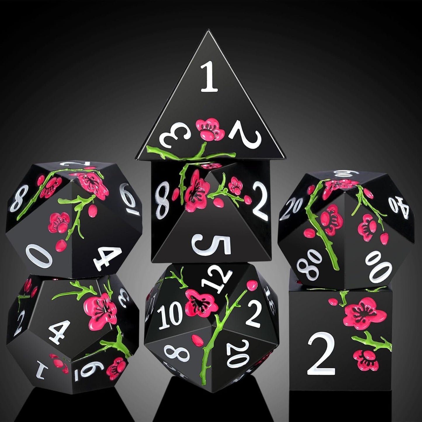Metal Dice Set D&D, DNDND 7 PCS Flower Metallic DND Dice Set with Grogeous Gift Case for Dungeons and Dragon Tabletop Game (Matte Black with Pink Flower)