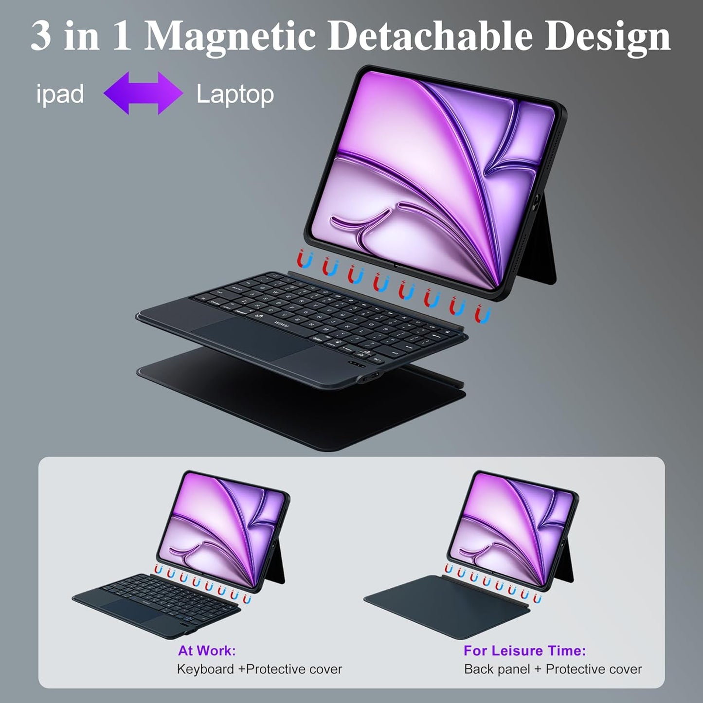 WIWU for iPad Case Keyboard for Air 13 Inch 3 in 1 Magnetic Detachable Keyboard Case Adjustable Stand 7 Colours Backlit Keys with Trackpad (Black, for Air 13"(M3/M2) Pro 12.9" 6/5/4/3)
