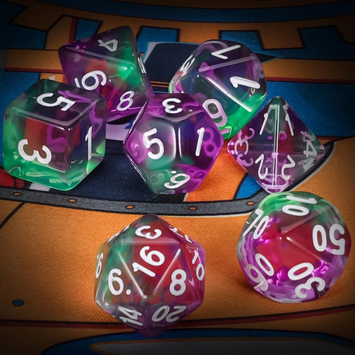 QMAY DND Dice Set -D&D Polyhedral Dice (7 Pcs) for Dungeons and Dragons (Purple Green Transparent)