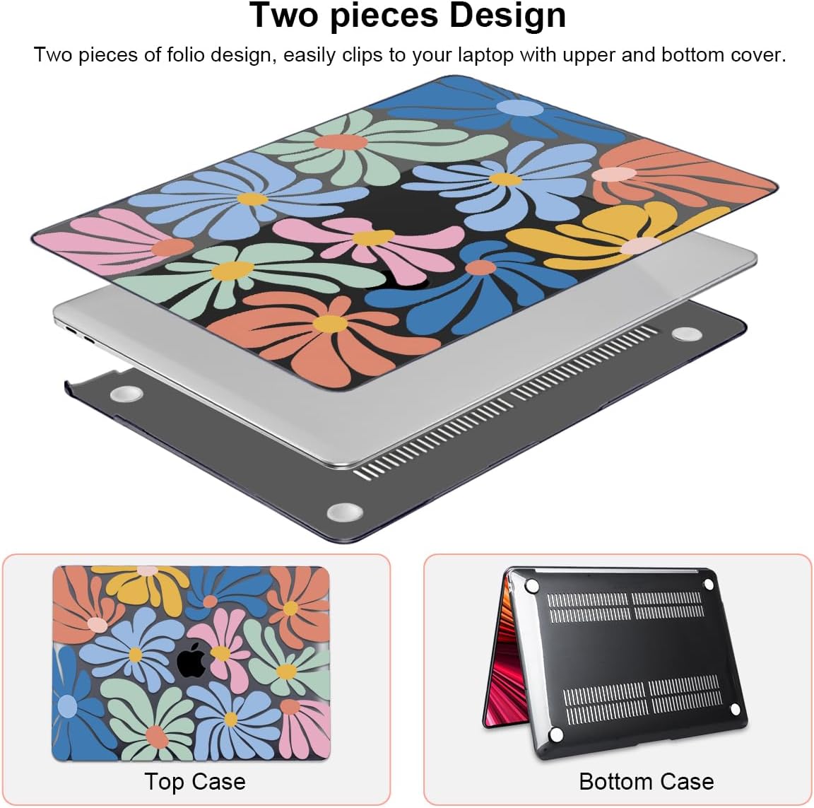 Compatible with 2021 2020 2019 2018 MacBook Air 13 inch Case M1 A2337 A2179 A1932 Touch ID, Crystal Printed Pattern Plastic Hard Shell Case for Mac Air 13 M1 2021, Colorful Flowers Black