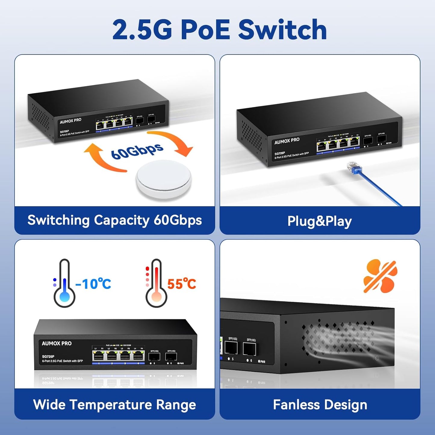 6 Port 2.5G PoE Switch,AUMOX PRO 4 Port 2.5G Network Unmanaged Switch with 2x10G SFP Gigabit Ethernet Unmanaged PoE Switch 75W,Compatible with 100/1000/2500Mbps Plug and Play