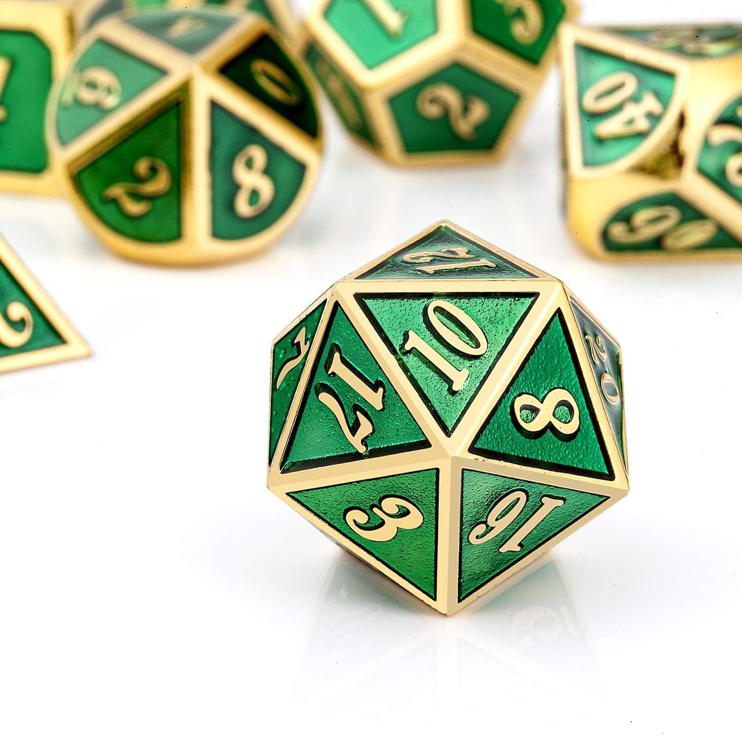 Metal Dice Set D&D, DNDND 7 Die Green DND Dice with Metal Case for Dungeons and Dragons Role Playing Game and Tabletop Games (Gold Number with Enamel Green)