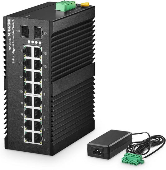 MokerLink 16 Port Gigabit Industrial DIN-Rail Ethernet Switch, 2 Gigabit SFP Ports, Unmanaged IP40 Network Switch (-40 to 185°F), with Power Supply