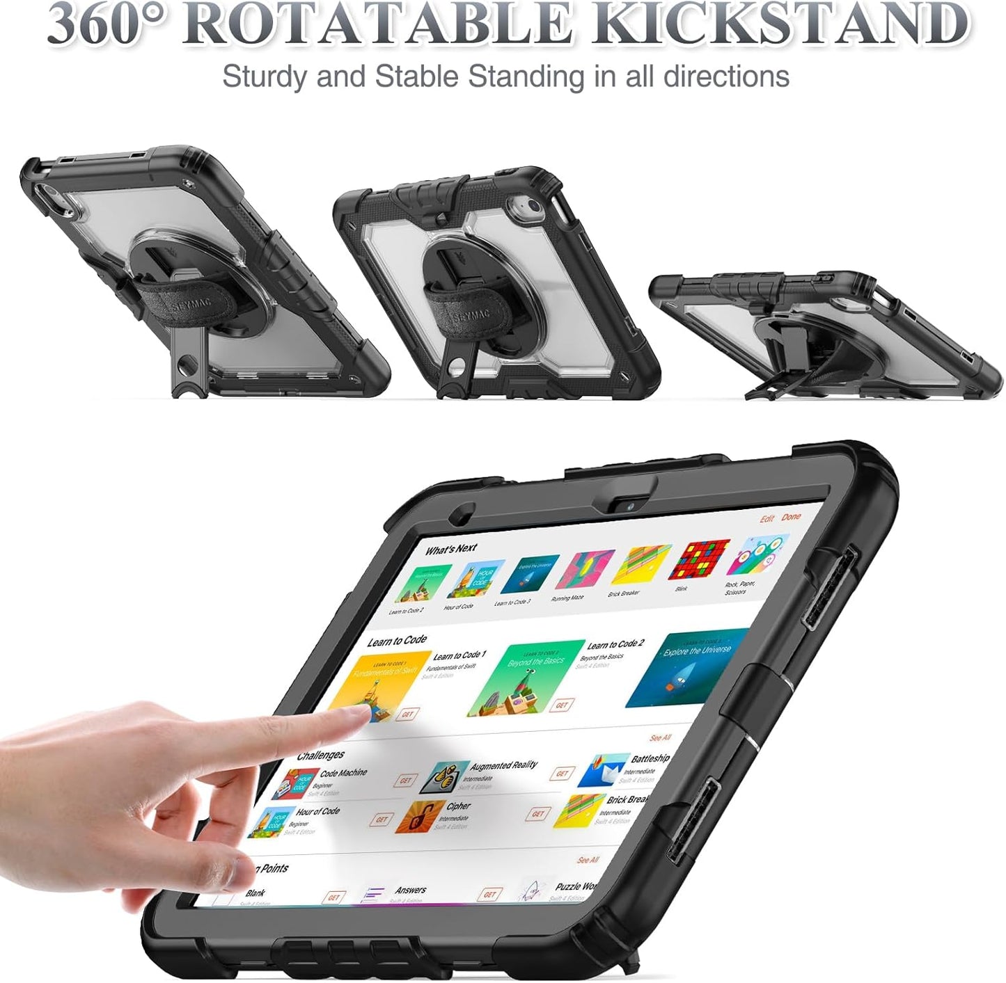 SEYMAC stock Case for iPad (A16) 11th/10th Generation 11''/10.9'' 2025/2022, Full-Body Drop Protection Case with Screen Protector &360° Rotate Hand Strap/Stand, Transparent+Black