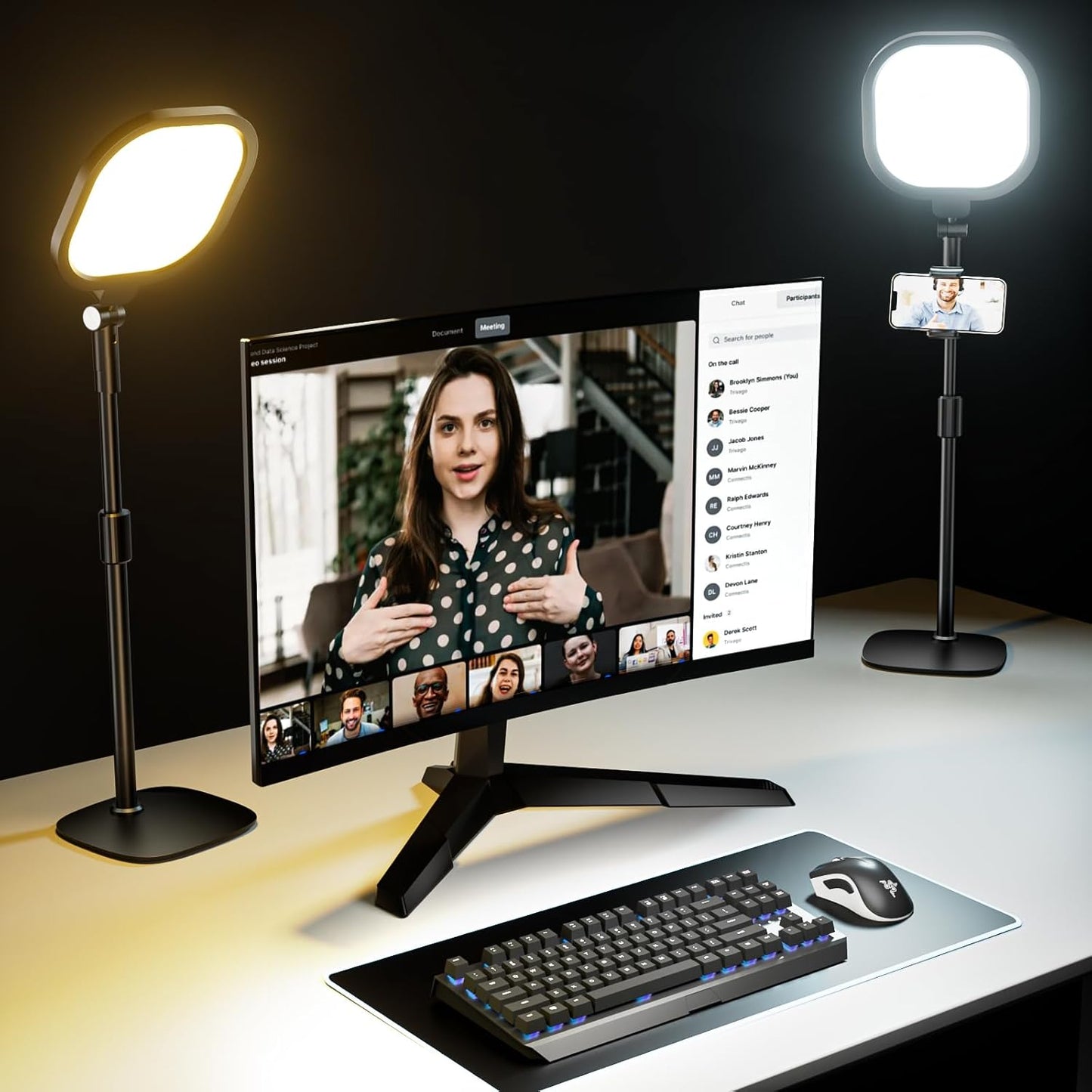 2 Packs Video Conference Lights for Zoom Meeting, Podcast Lighting Kit for Working from Home Office, Desktop Video Light with Stand and Phone Holder CRI 97.8