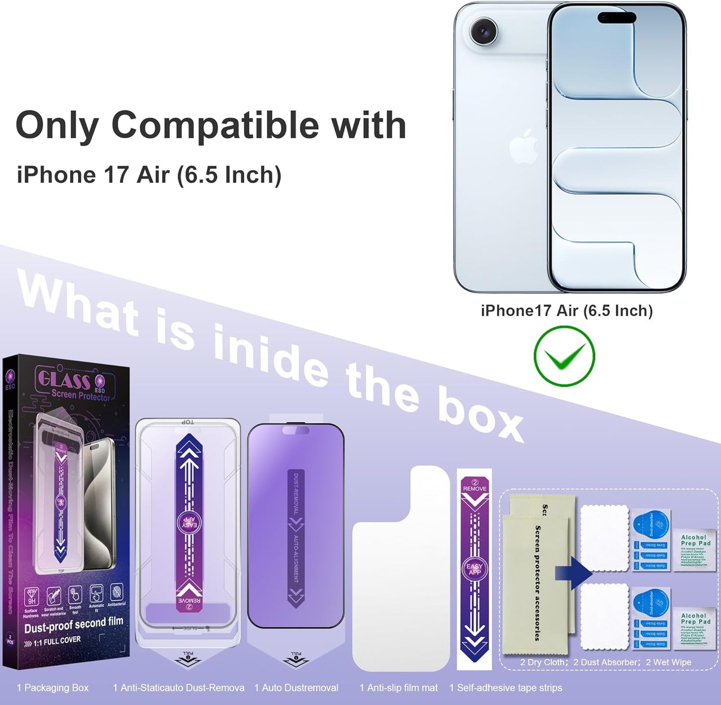 Anti Blue Light Matte Screen Protector for iPhone Air 6.5-Inch, Auto Dust Removal, 9H Tempered Glass, Full Cover, Anti-Fingerprint, Easy Installation, 2 Pack