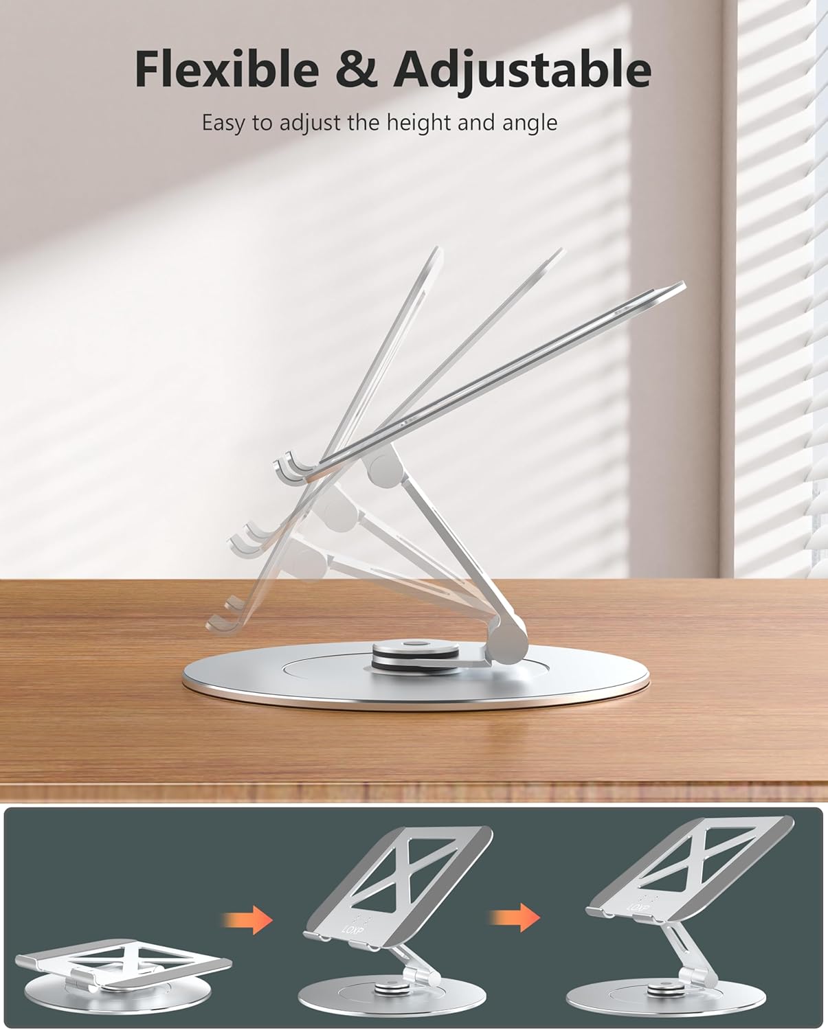 Ultra-Stable Swivel Laptop Stand for Desk with 360 Rotating Larger Base, Aluminum Anti-Loosening Structure, Height Adjustable Laptop Stand, Fits 10"-17.3" Laptops，Silver