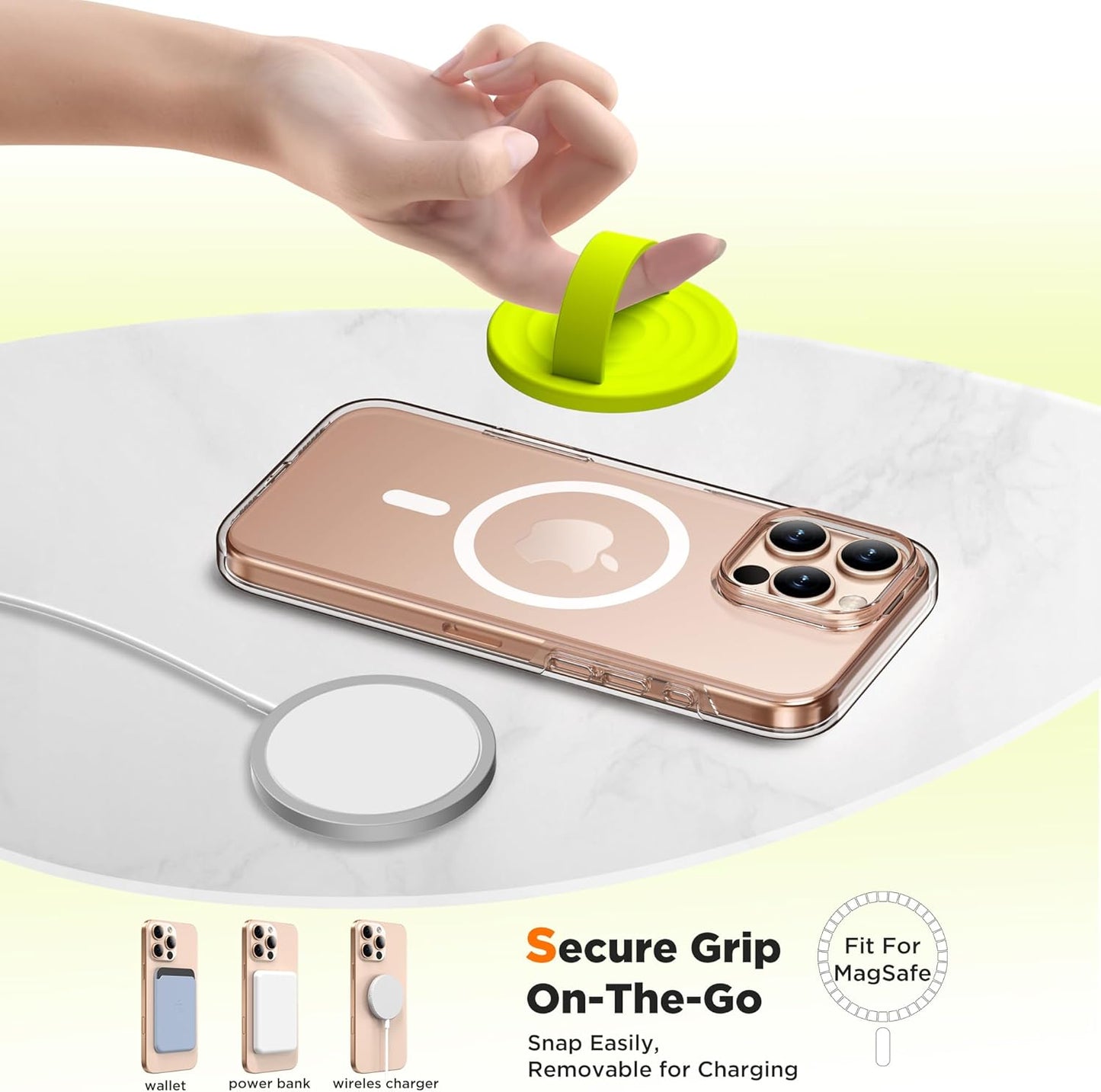 Magnetic Phone Ring Grip Holder, Silicone Finger Loop Grip, Compatible with MasSafe, Back of Phone for iPhone Pro Max/Plus/16/15/15/14/13/12 Series, Neon Yellow