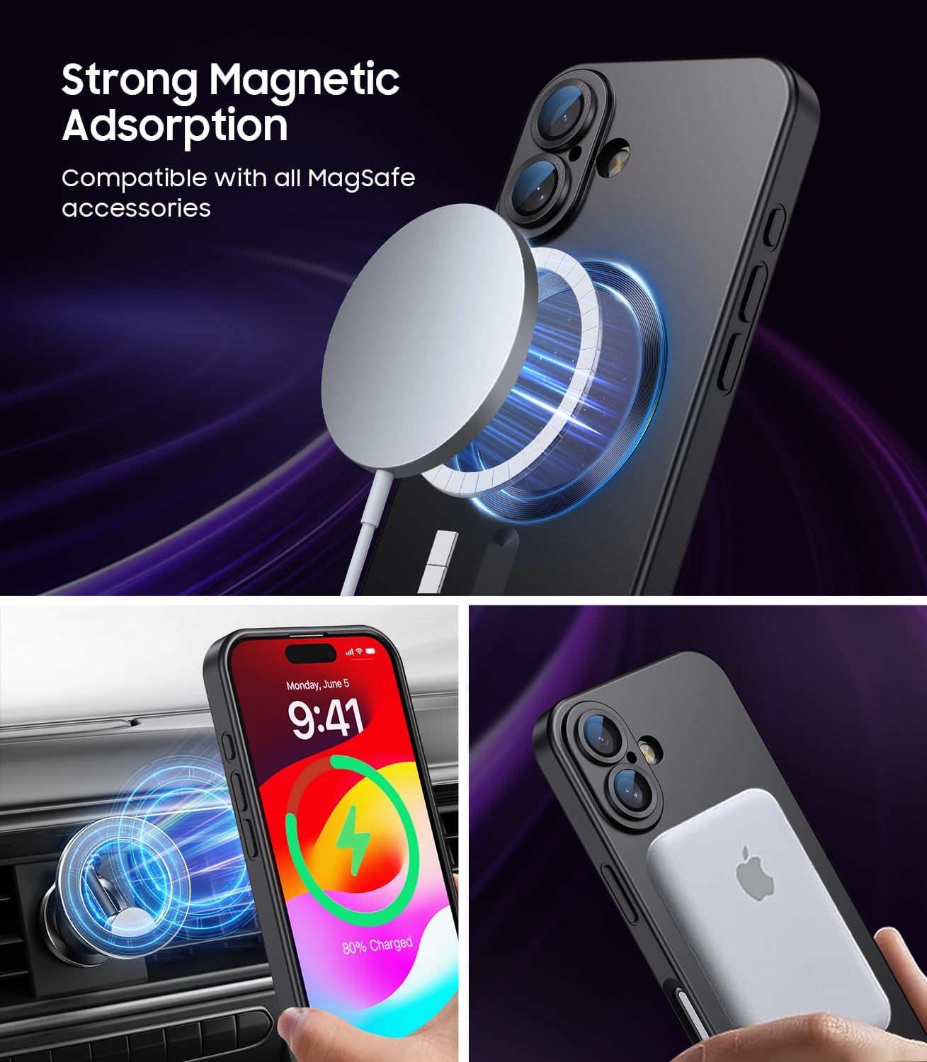 Magnetic for iPhone 16 Plus Case [Compatible with MagSafe][Built-in Camera Lens Protector] Slim Soft Silicone Bumper Shockproof Metallic Luster Phone Case (Black)