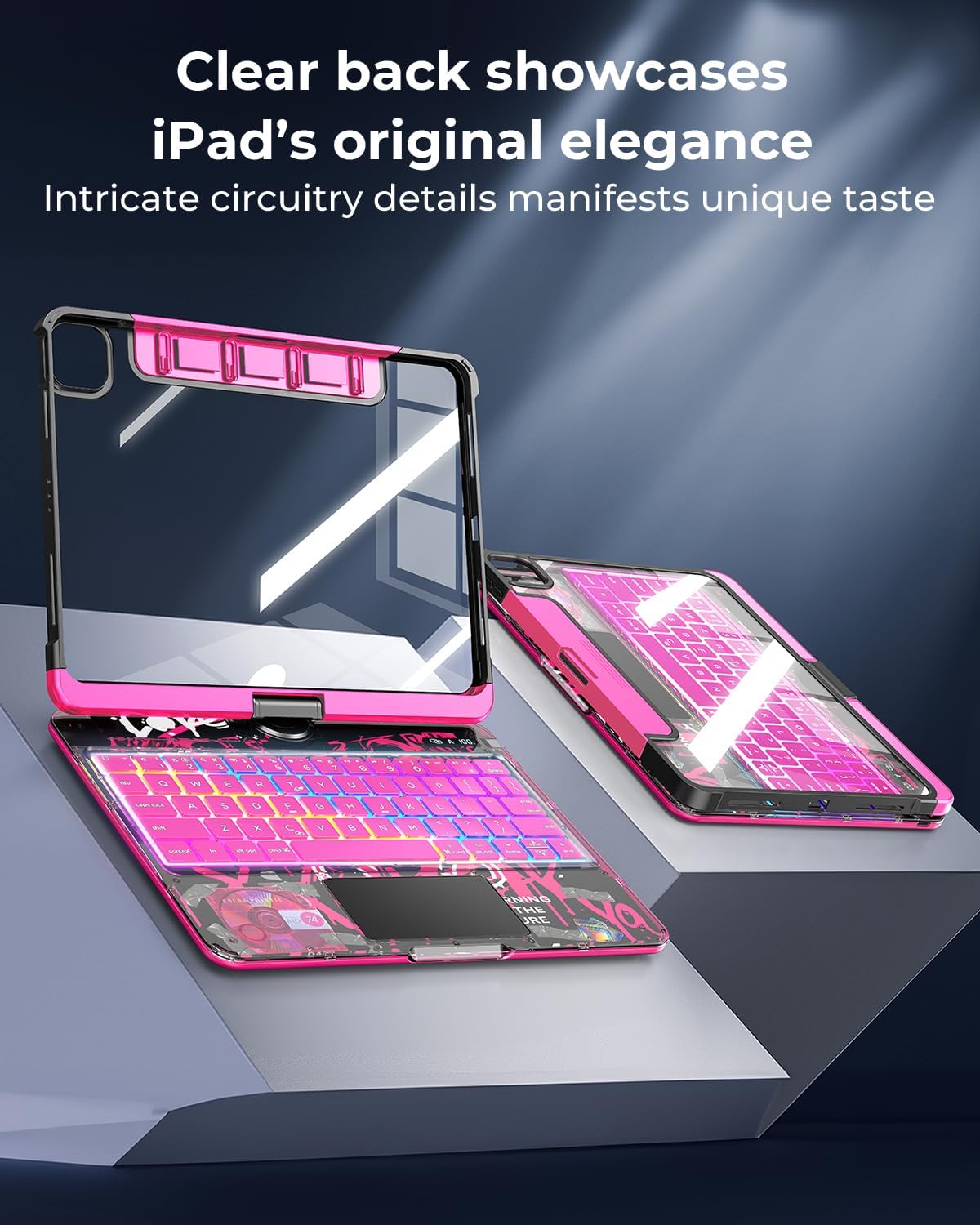 SIEBITU Clear Wireless Keyboard Case for iPad Air 13-inch (M3 2025/M2 2024) & iPad Pro 12.9-inch 6th 5th 4th 3rd Gen with Pencil Holder, Multi-Touch Trackpad & 7-Color Backlit, 360°Rotating, Pink