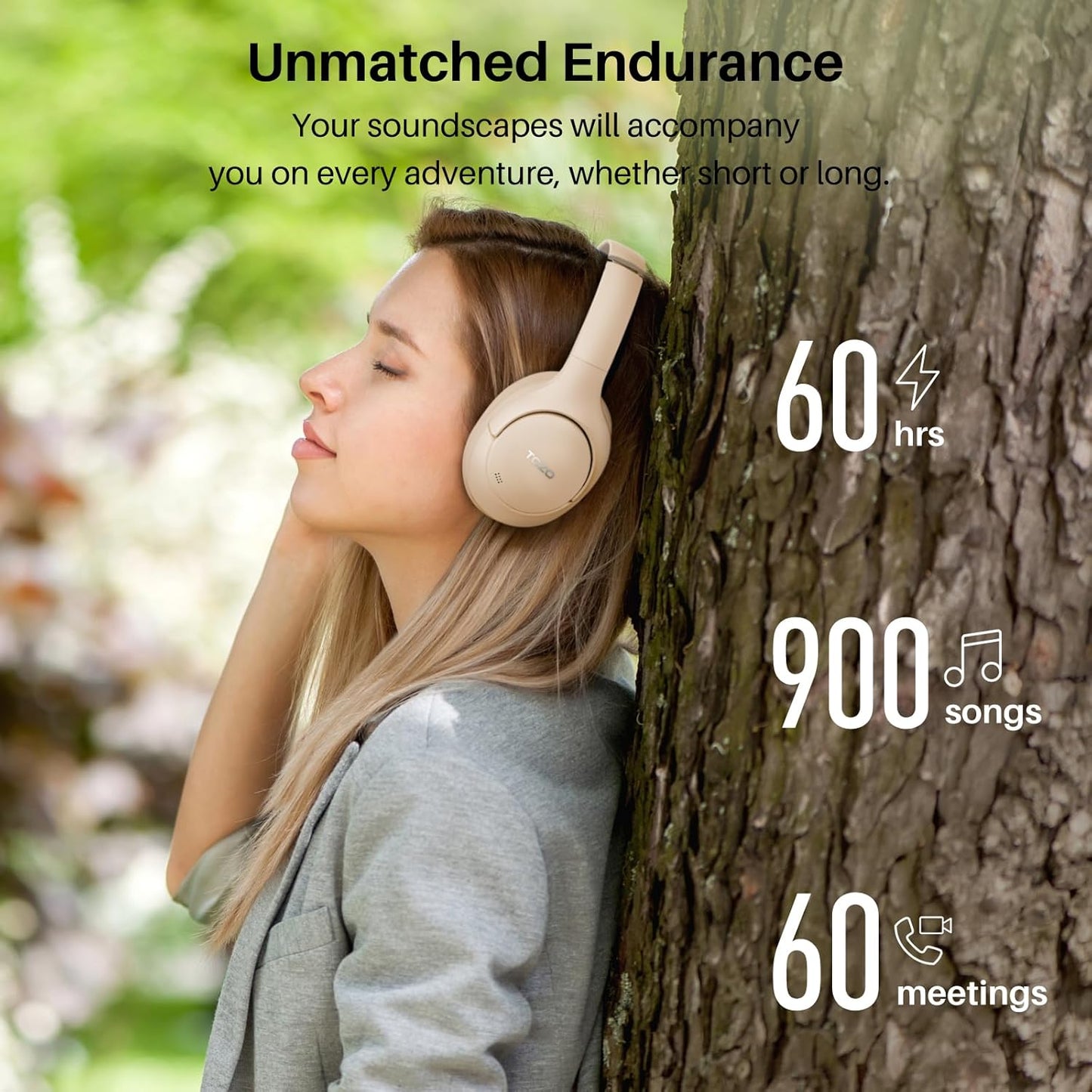 TOZO HT2 Hybrid Active Noise Cancelling Headphones, Wireless Over Ear Bluetooth Headset, 60H Playtime, Hi-Res Audio Custom EQ via App Deep Bass Comfort Fit Ear Cups, for Home Office Travel Khaki